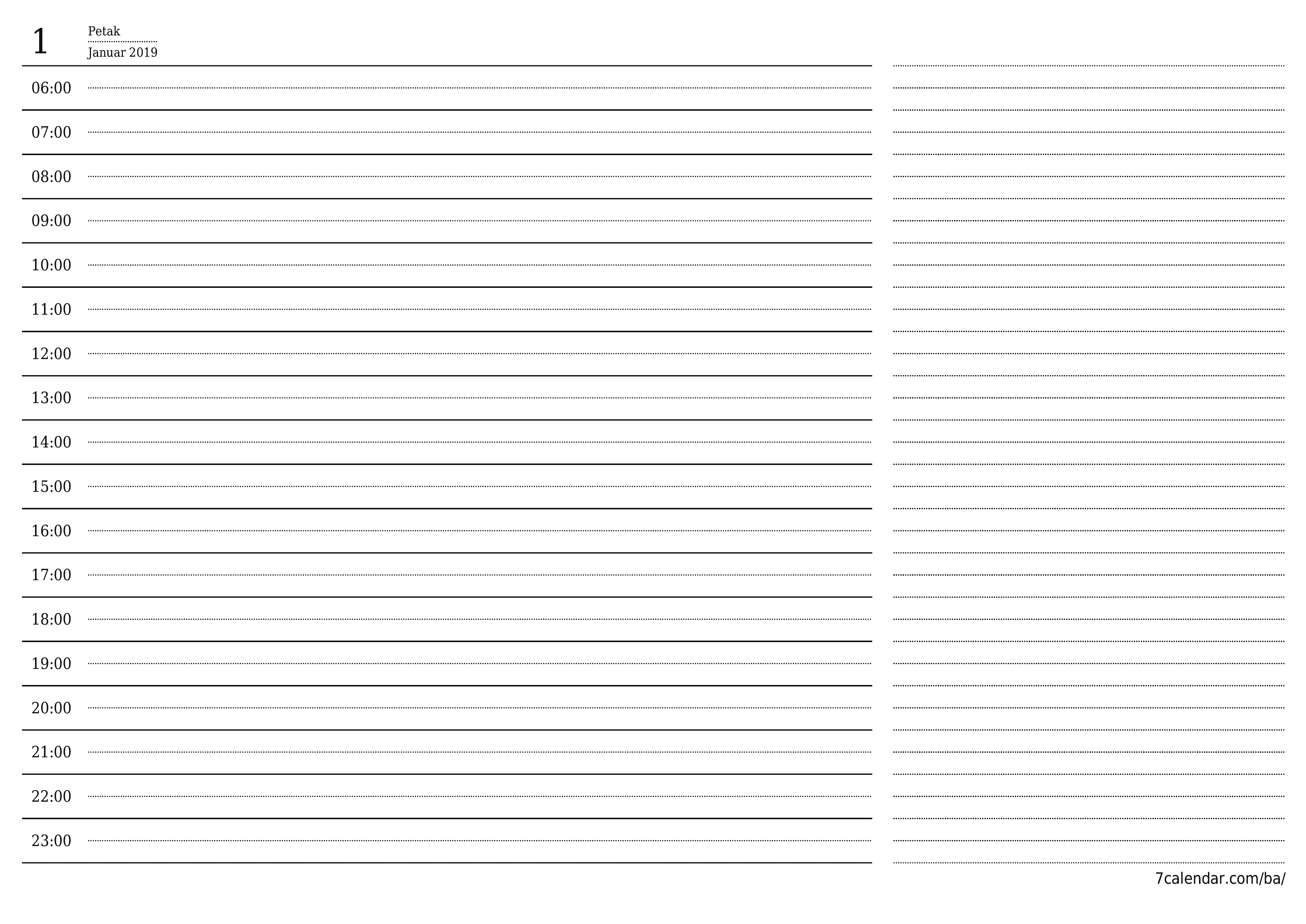 Ispraznite dnevni planer za dan Januar 2019 s bilješkama, spremite i ispišite u PDF PNG Bosnian