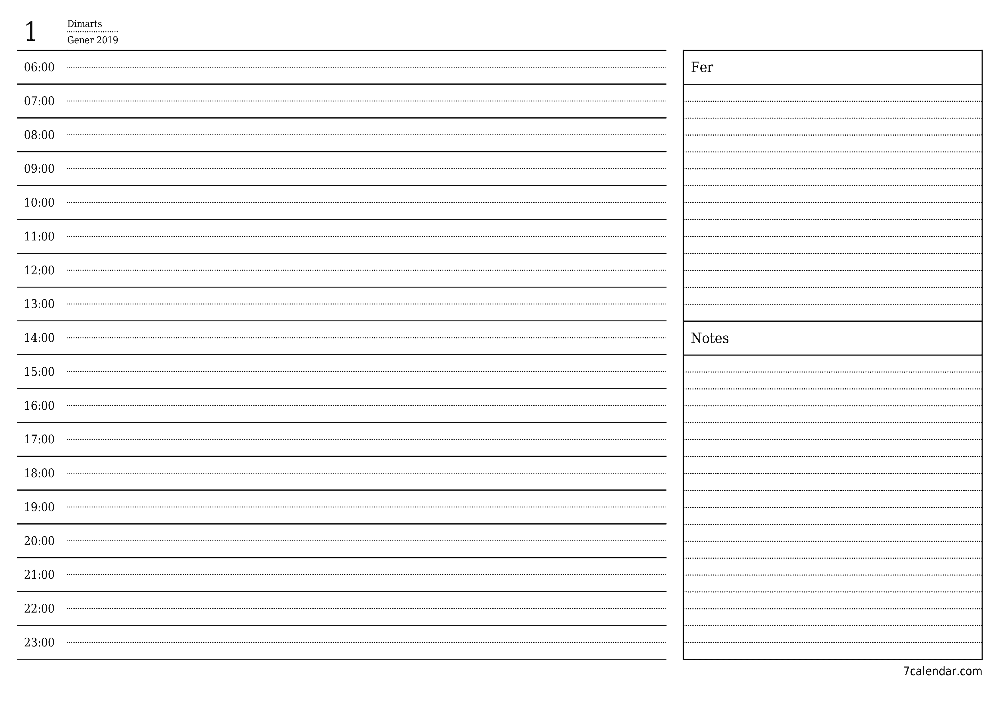 Un planificador diari buit del dia Gener 2019 amb notes, deseu-lo i imprimiu-lo en format PDF PNG Catalan