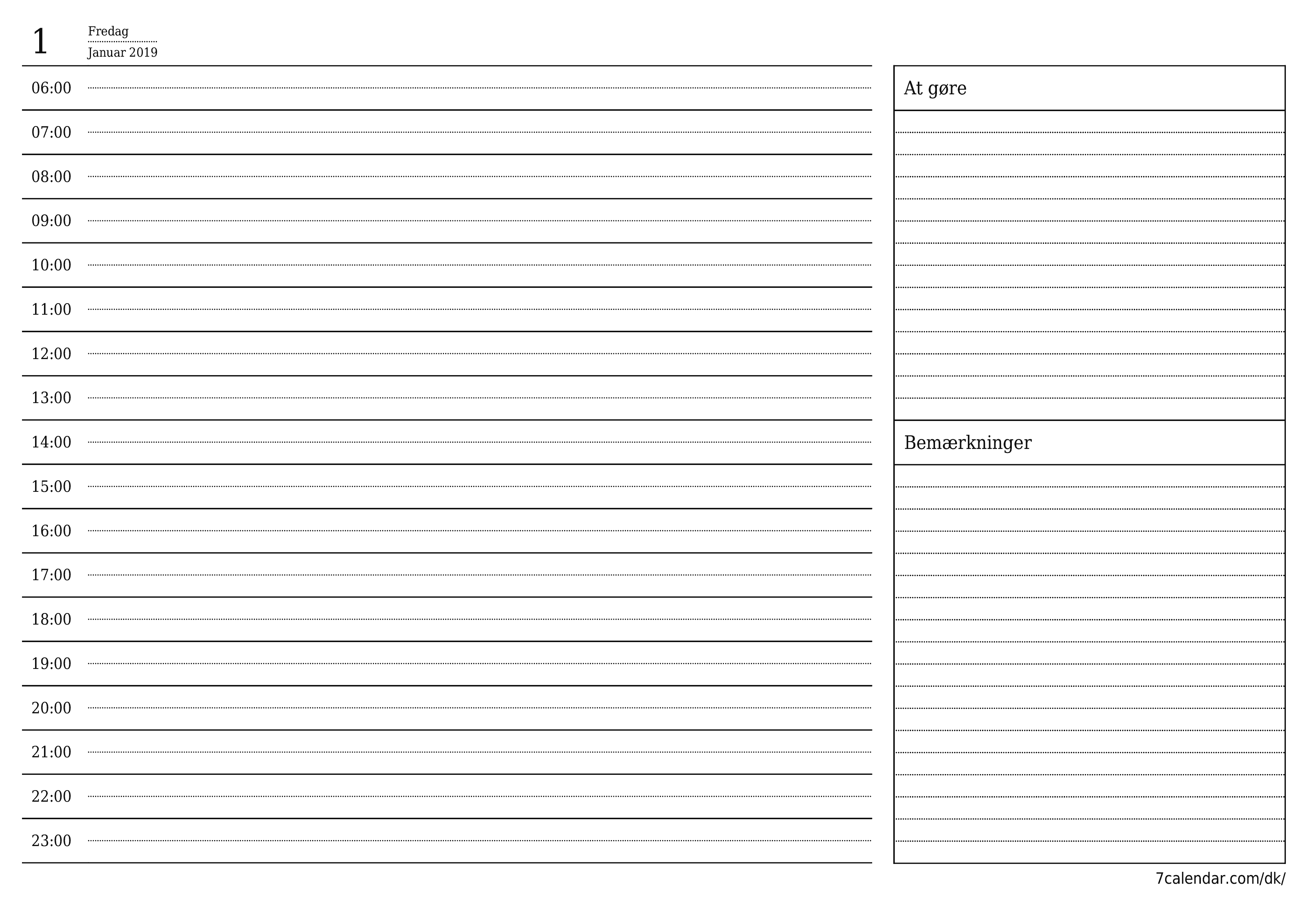 Tom daglig planlægning for dag Januar 2019 med noter, gem og udskriv til PDF PNG Danish