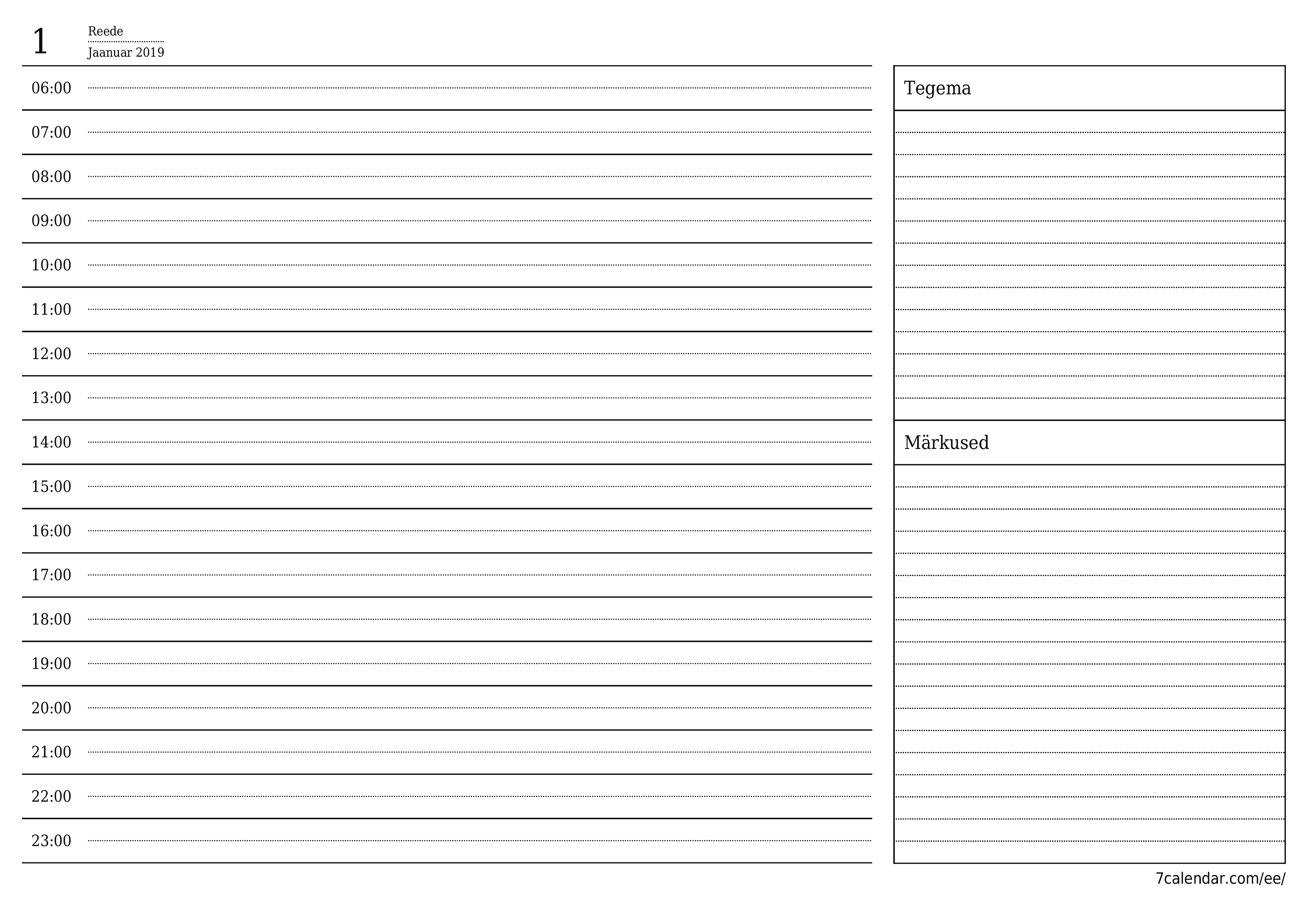 Tühjendage päevakava Jaanuar 2019 märkmetega, salvestage ja printige PDF-i PNG Estonian