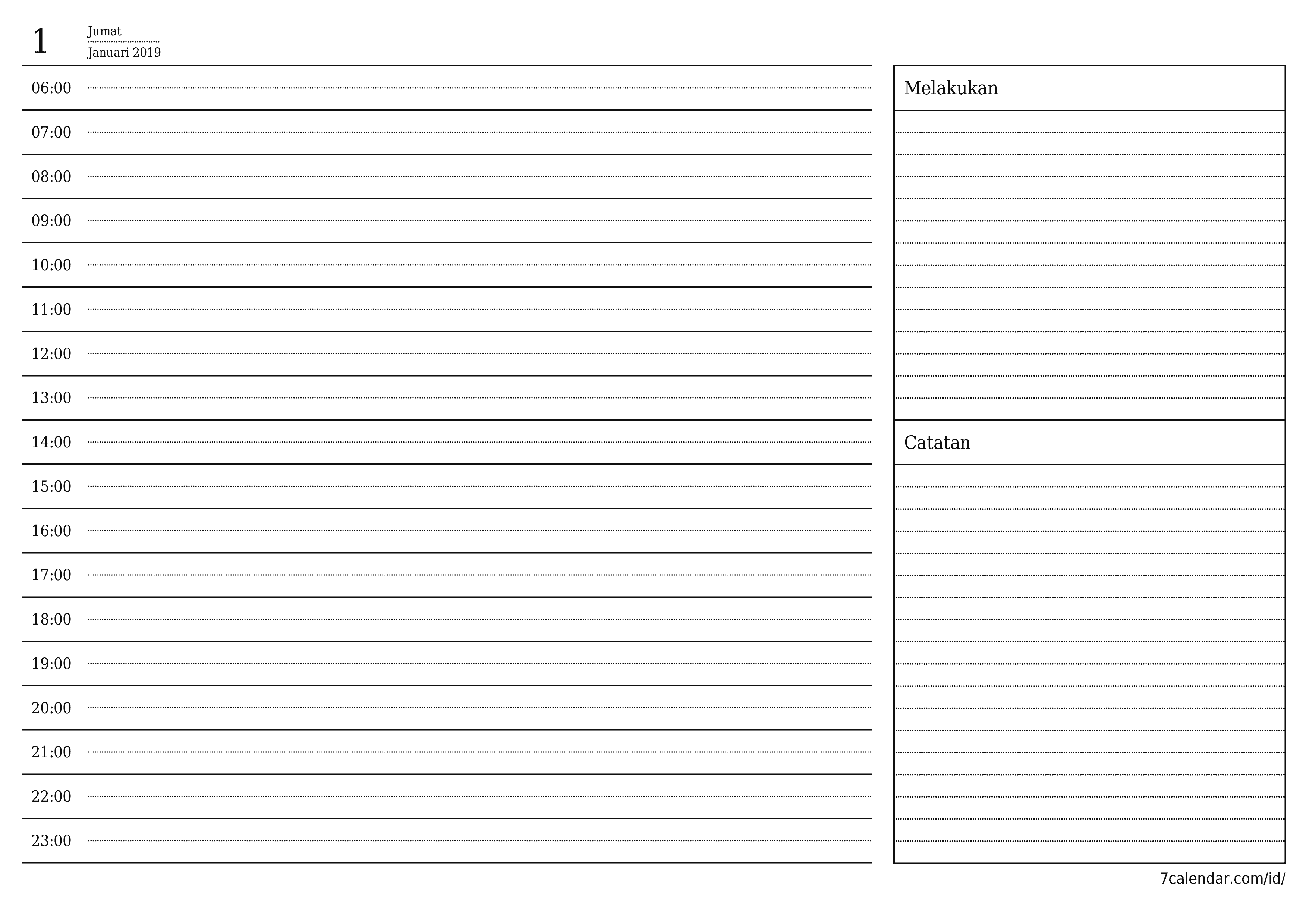 Kosongkan agenda harian untuk hari Januari 2019 dengan catatan, simpan dan cetak ke PDF PNG Indonesian