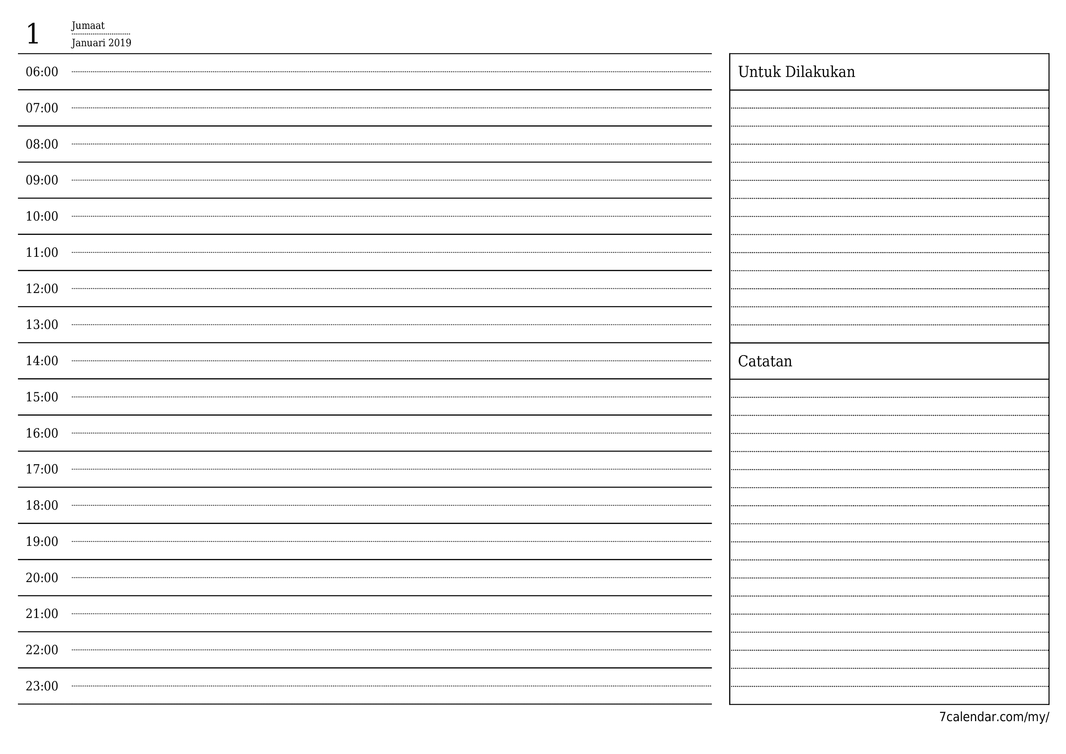 Perencana harian kosong untuk hari Januari 2019 dengan nota, simpan dan cetak ke PDF PNG Malay