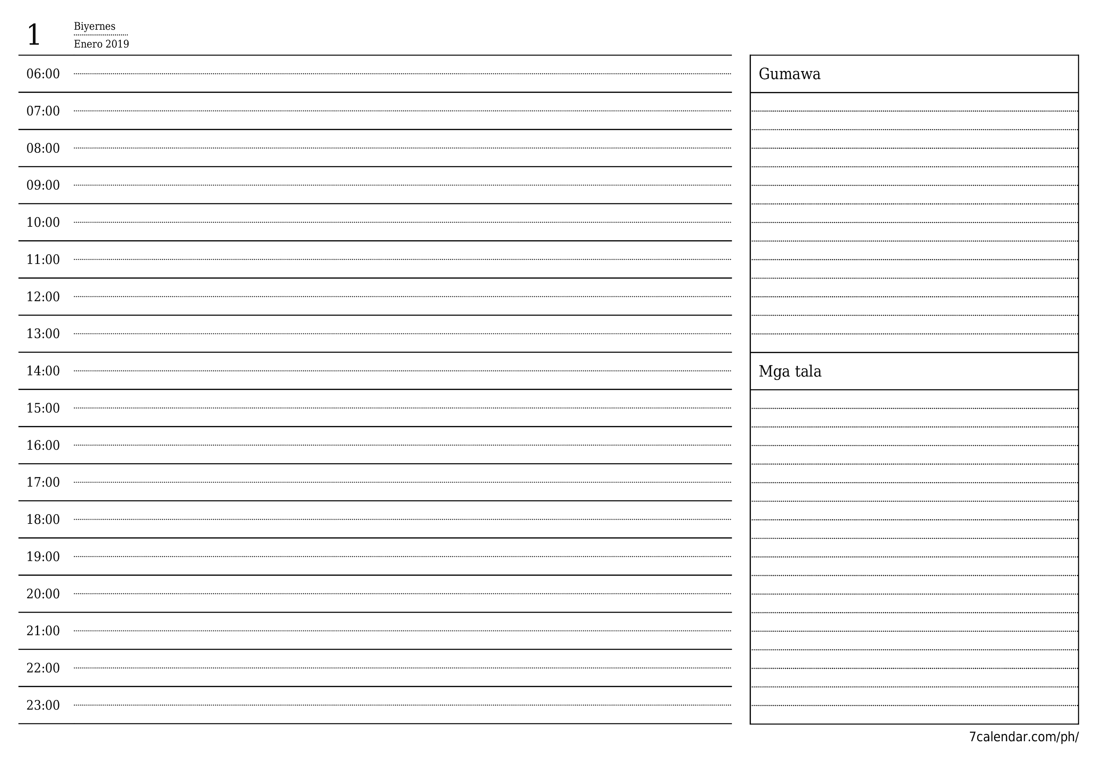 Walang laman araw-araw na tagaplano para sa araw na Enero 2019 na may mga tala, i-save at i-print sa PDF PNG Filipino