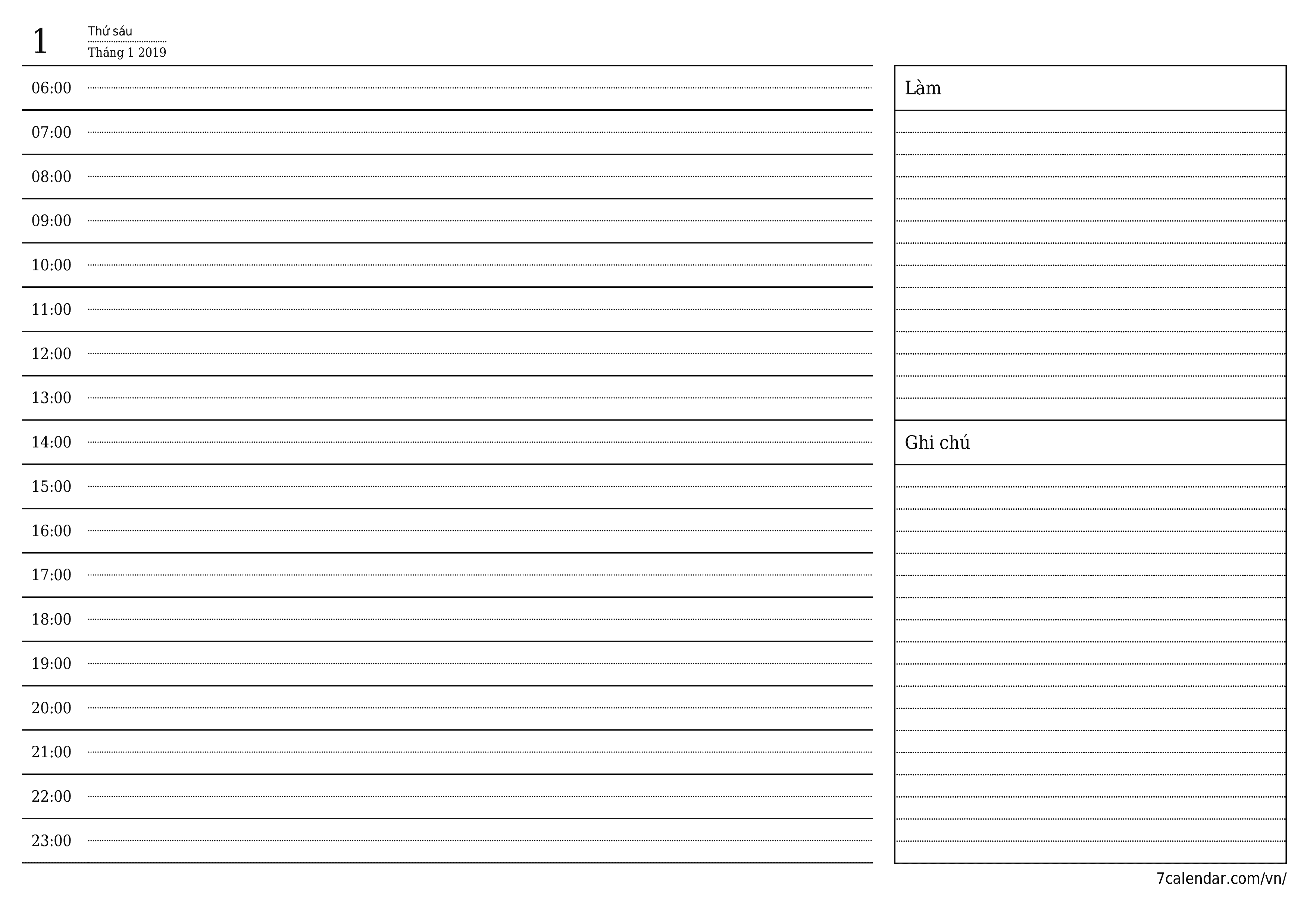 Công cụ lập kế hoạch hàng ngày trống trong ngày Tháng 1 2019 có ghi chú, lưu và in sang PDF PNG Vietnamese