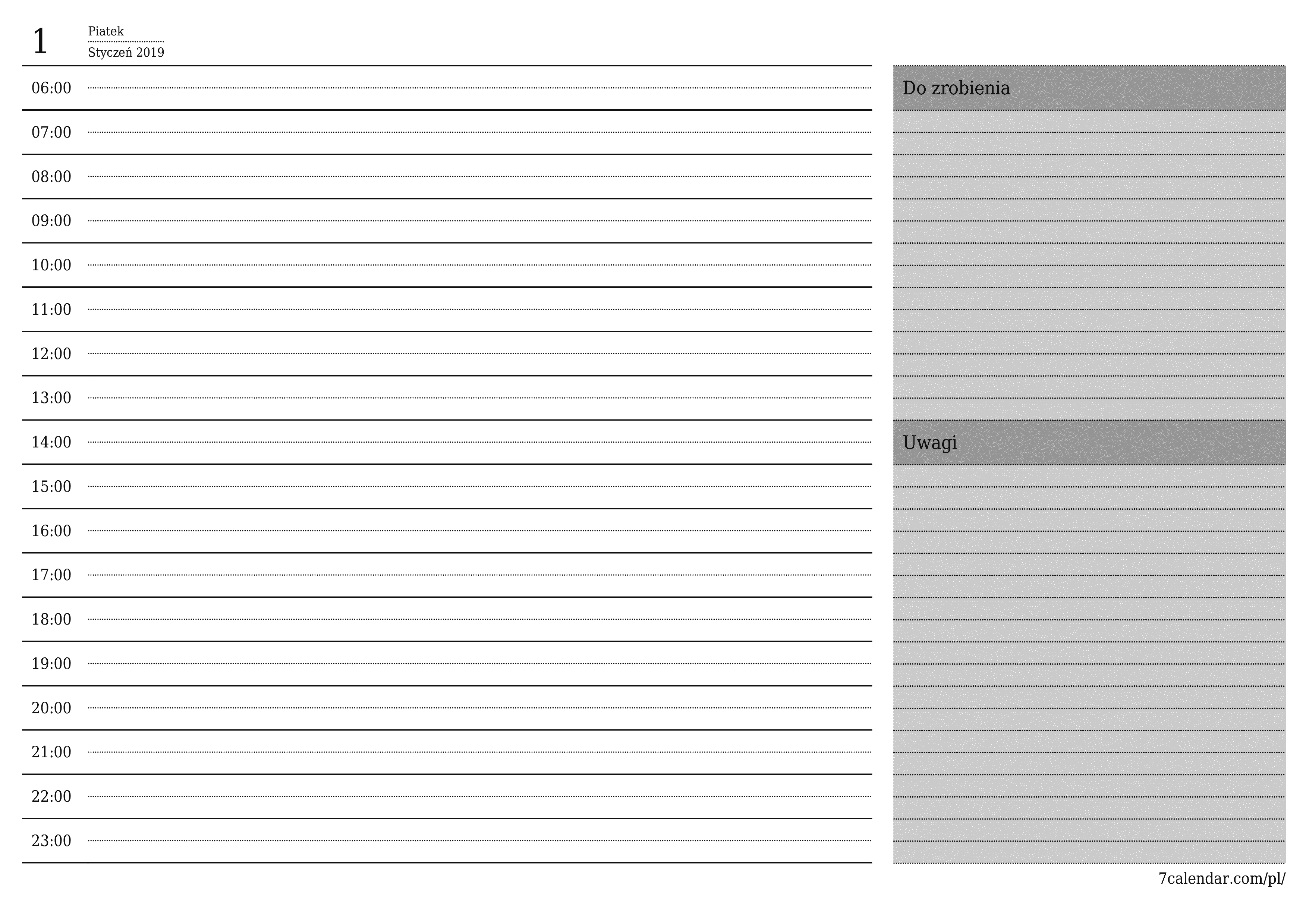 Opróżnij planer dzienny na dzień Styczeń 2019 z notatkami, zapisz i wydrukuj w formacie PDF PNG Polish