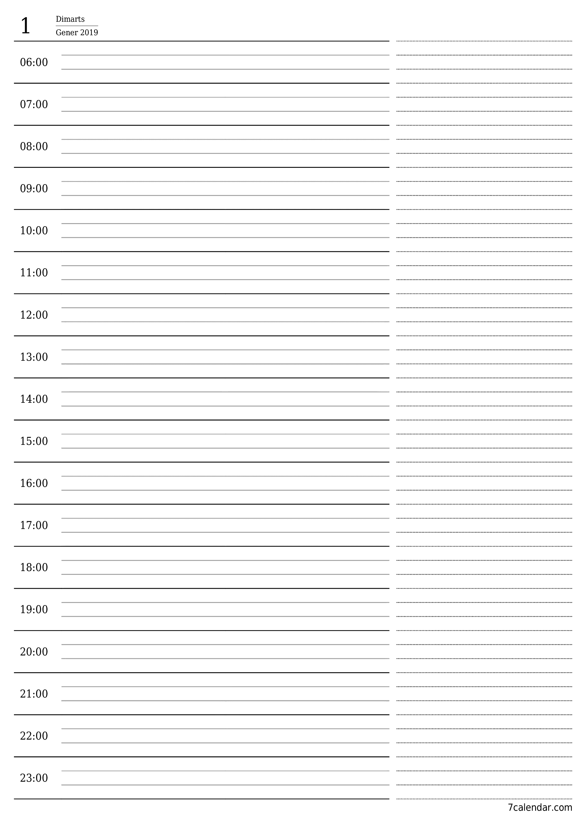 Un planificador diari buit del dia Gener 2019 amb notes, deseu-lo i imprimiu-lo en format PDF PNG Catalan