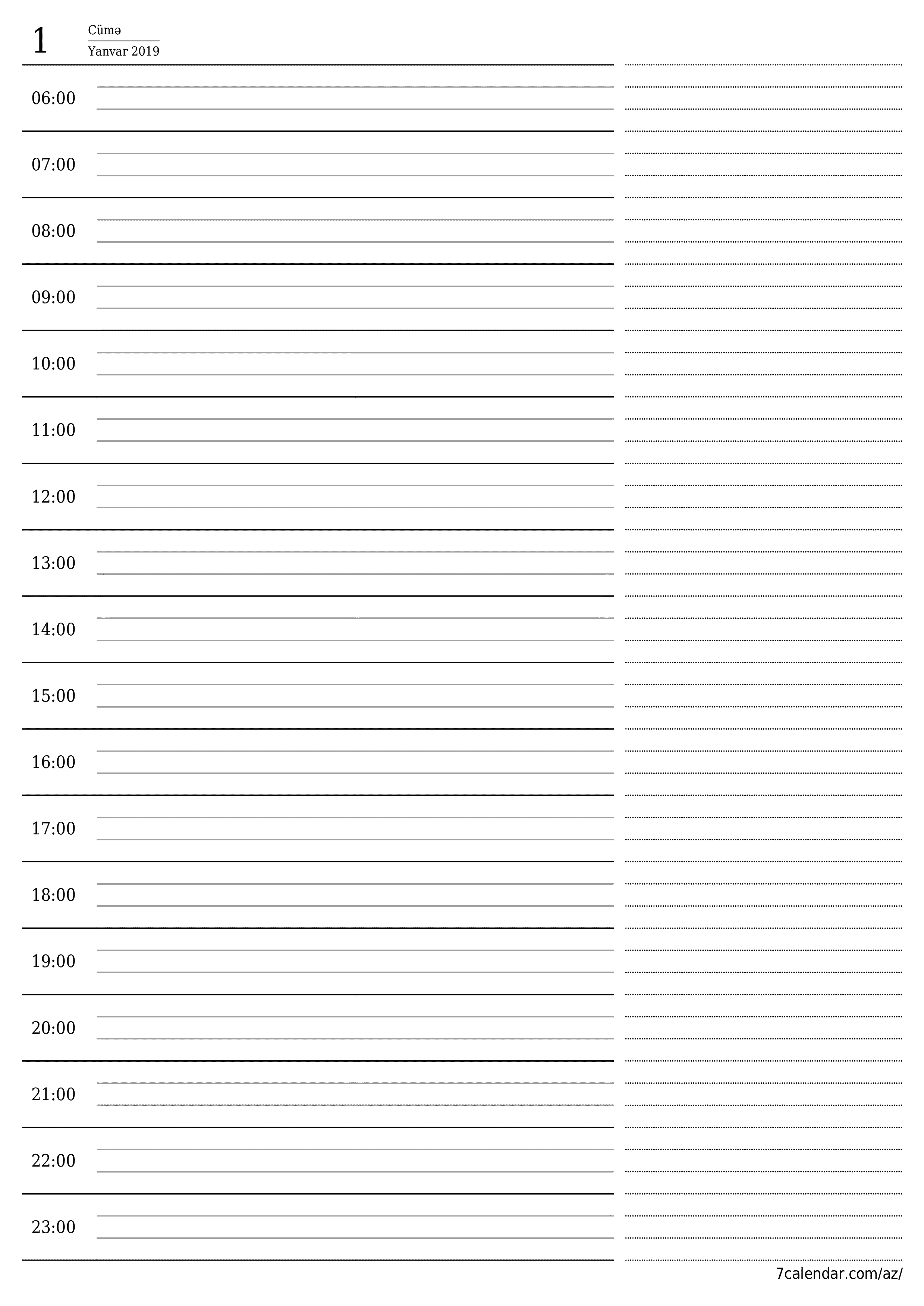 Yanvar 2019 gün üçün gündəlik planlayıcınızı qeydlərlə boşaltın, qeyd edin və PDF-ə yazdırın PNG Azerbaijani