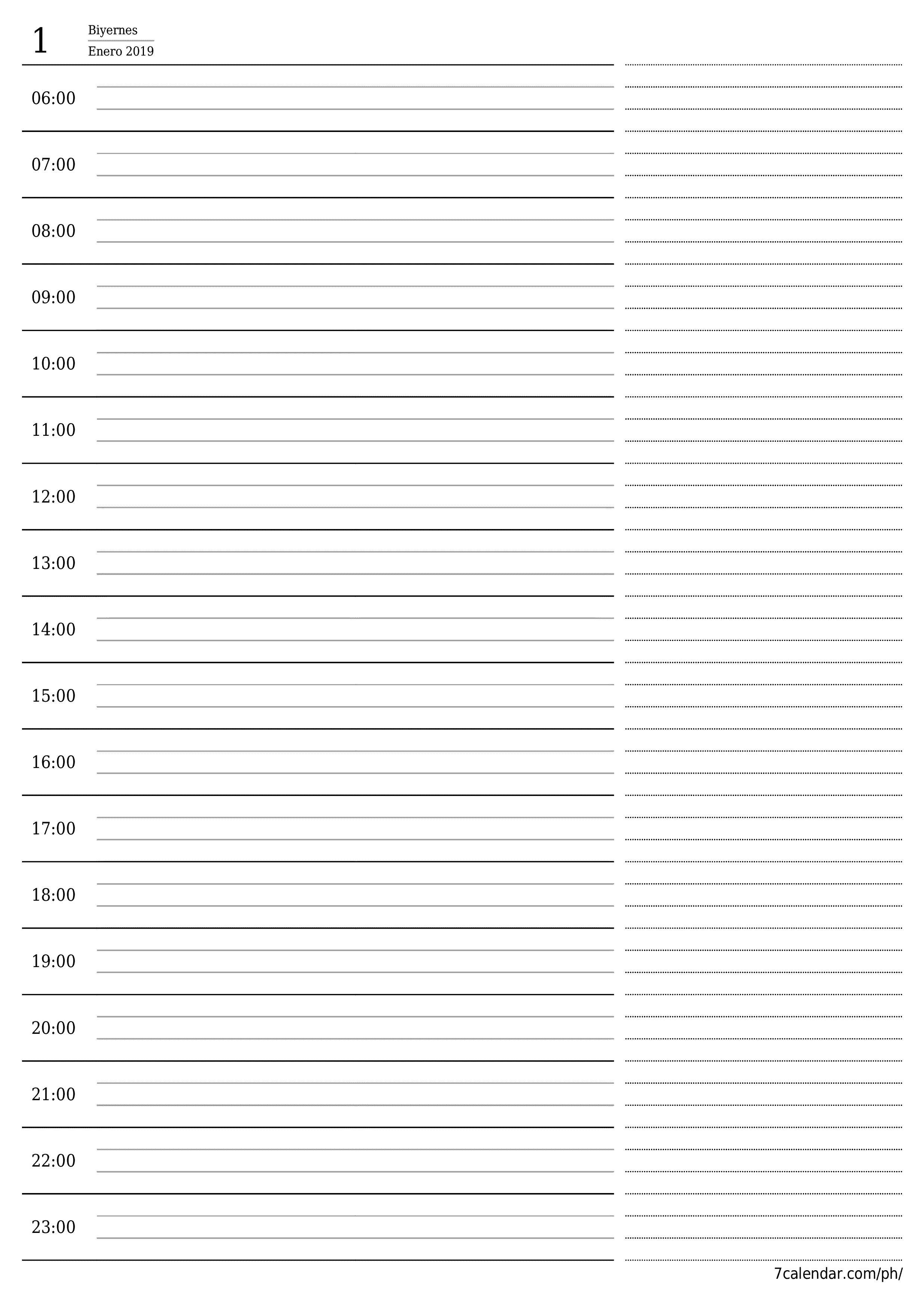 Walang laman araw-araw na tagaplano para sa araw na Enero 2019 na may mga tala, i-save at i-print sa PDF PNG Filipino