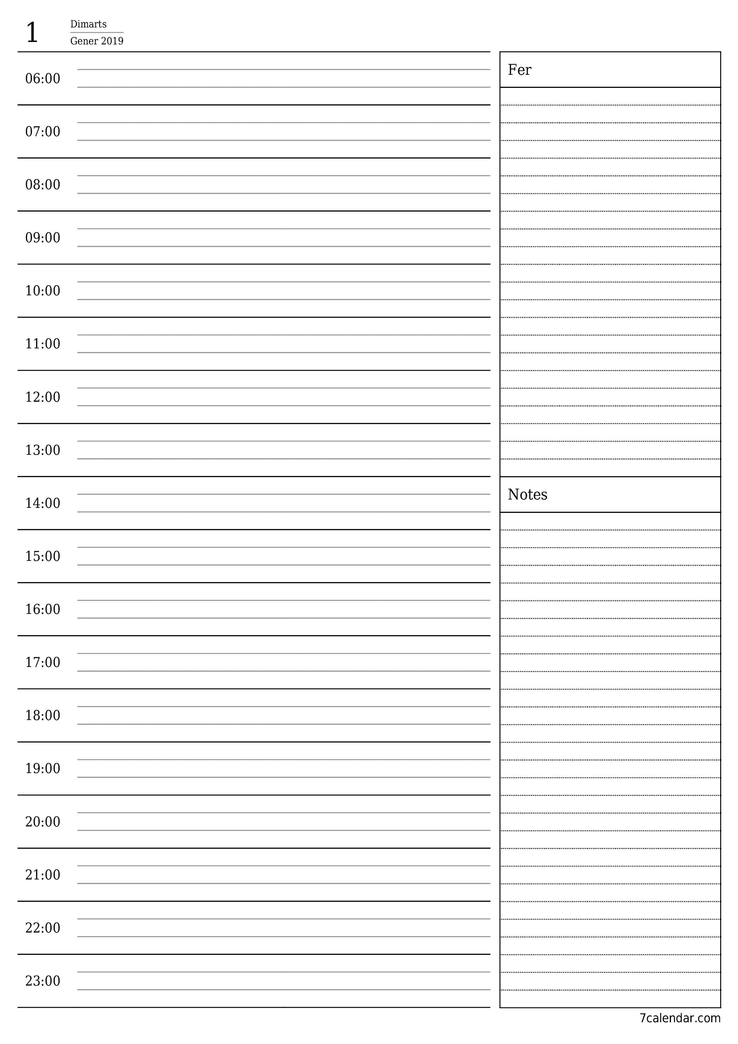 Un planificador diari buit del dia Gener 2019 amb notes, deseu-lo i imprimiu-lo en format PDF PNG Catalan