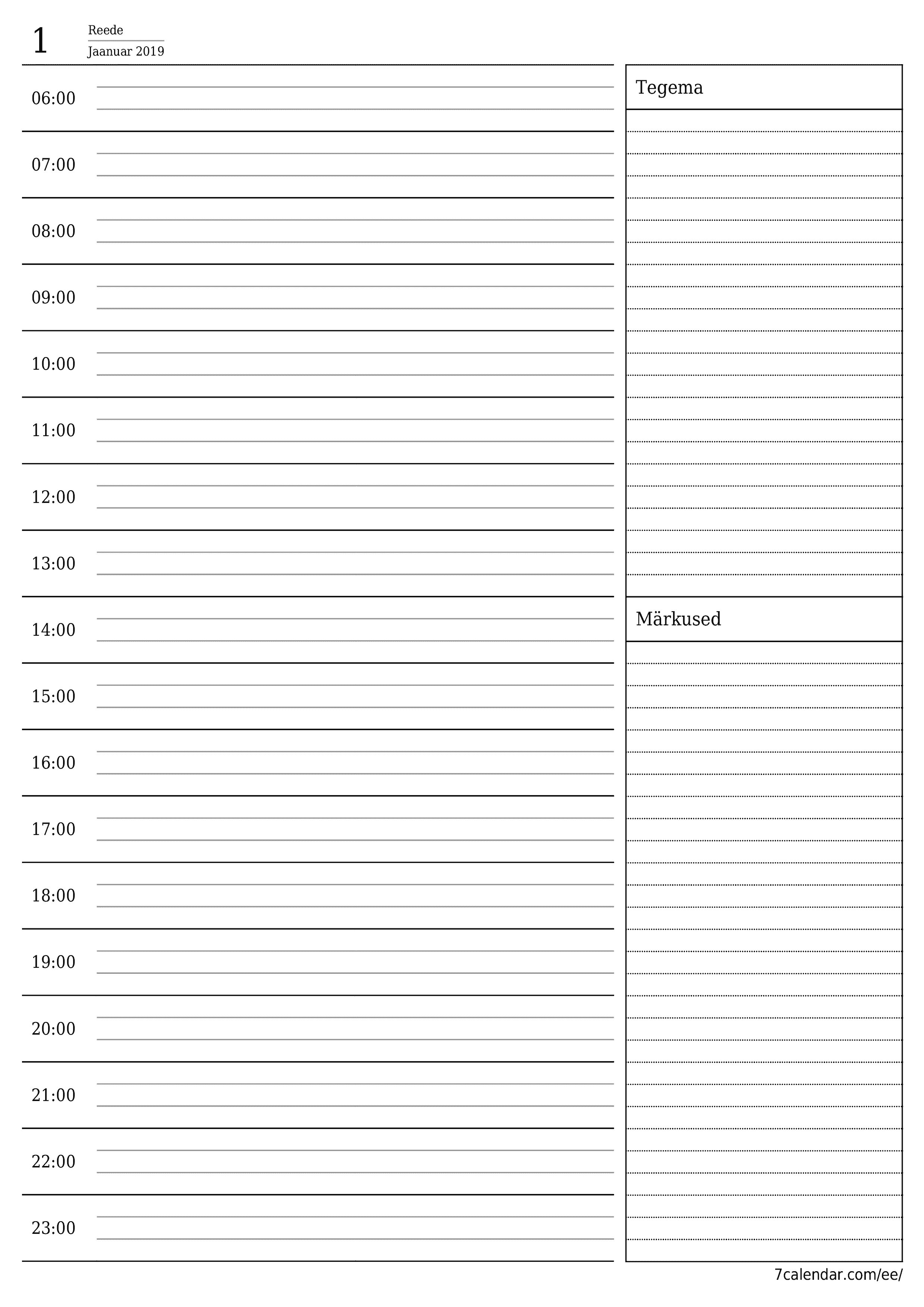 Tühjendage päevakava Jaanuar 2019 märkmetega, salvestage ja printige PDF-i PNG Estonian