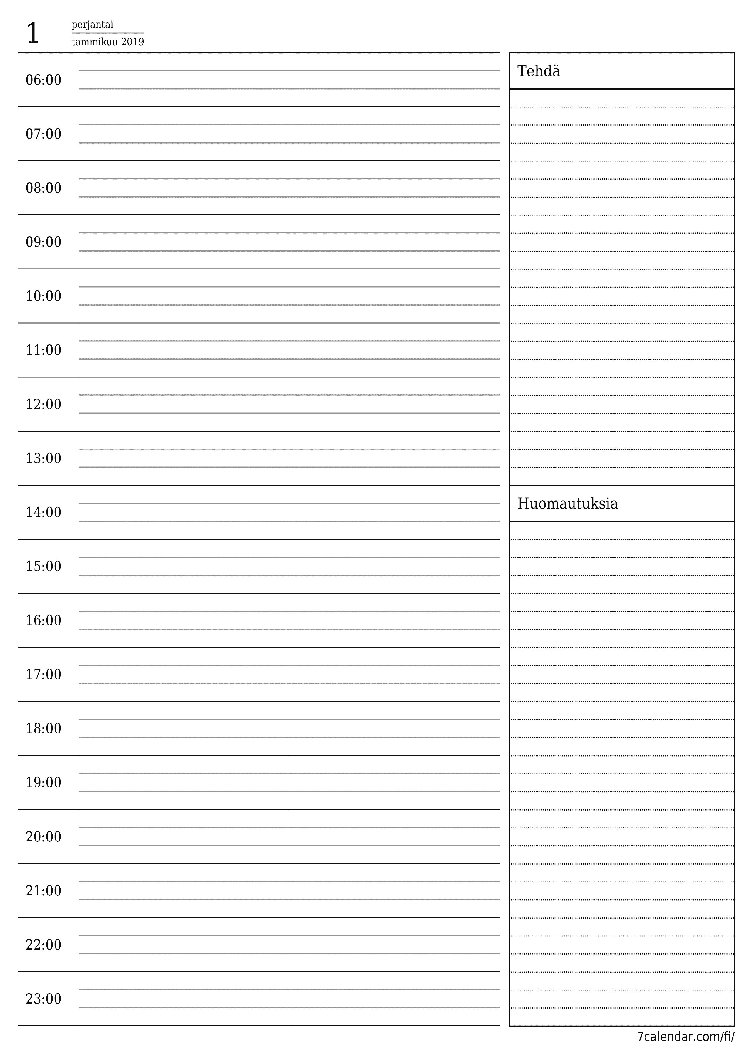 Tyhjennä päiväsuunnittelija päivälle Tammikuu 2019 muistiinpanoilla, tallenna ja tulosta PDF-muotoon PNG Finnish