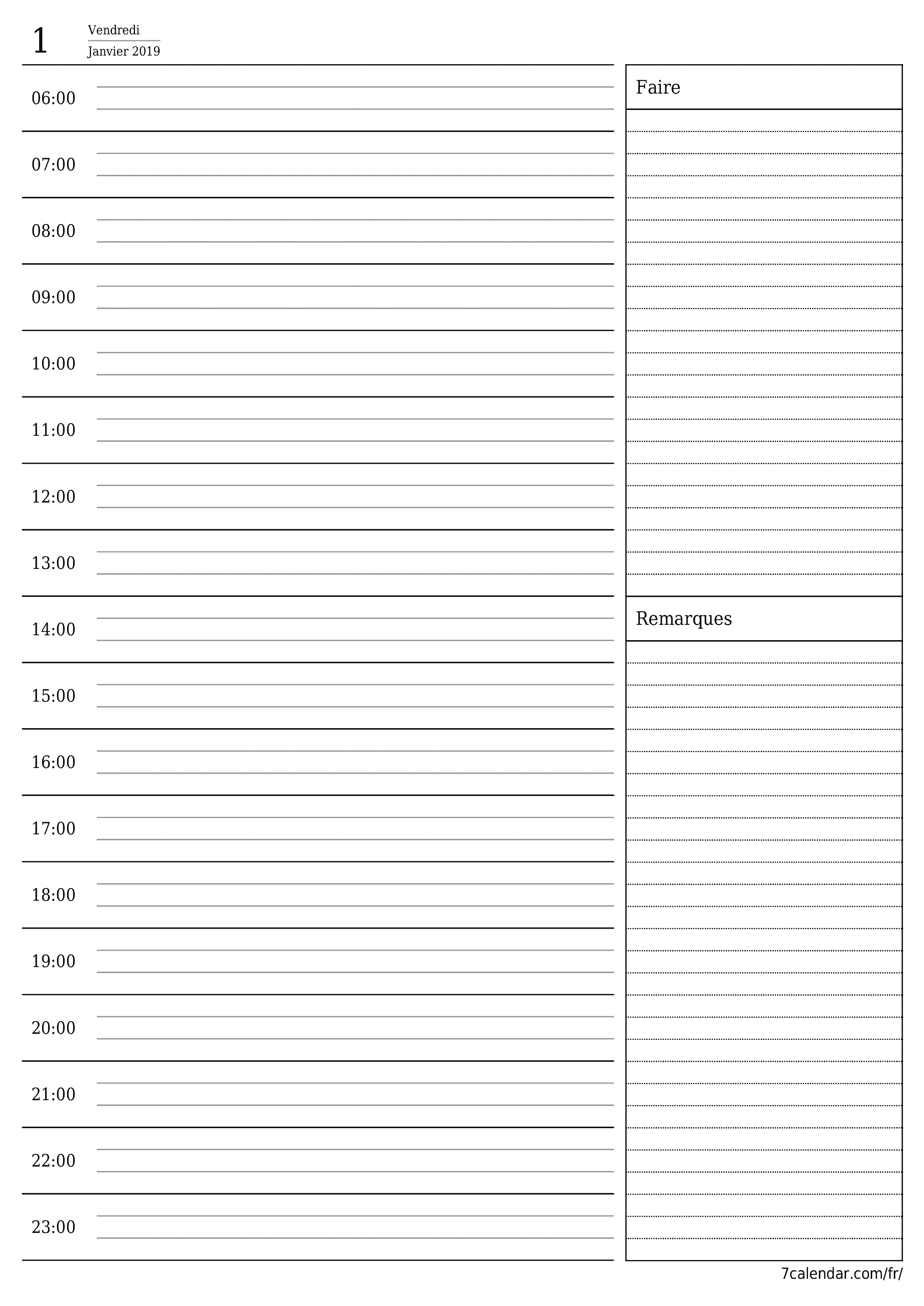 Agenda quotidien vide pour la journée Janvier 2019 avec notes, enregistrez et imprimez au format PDF PNG French