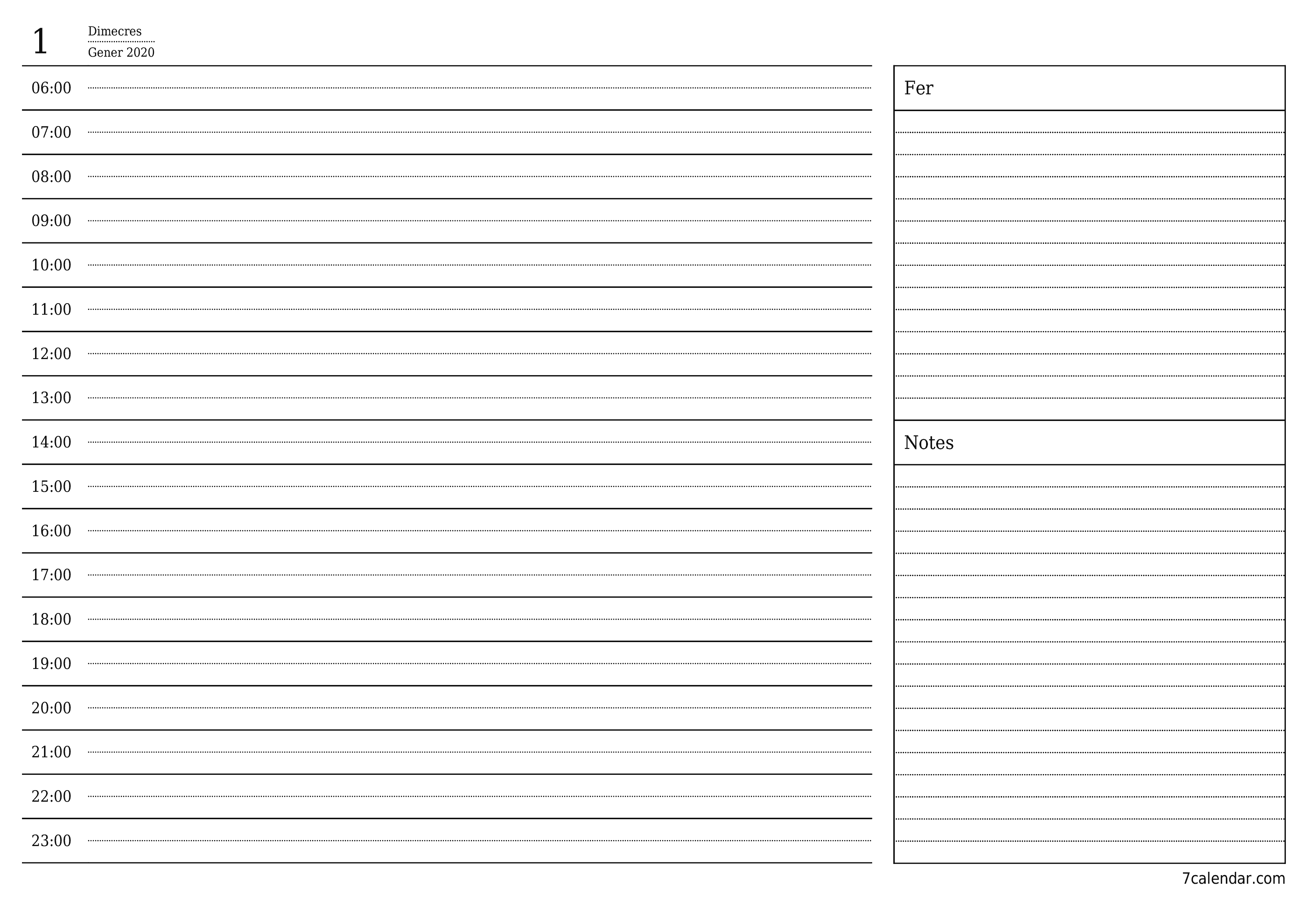 Un planificador diari buit del dia Gener 2020 amb notes, deseu-lo i imprimiu-lo en format PDF PNG Catalan