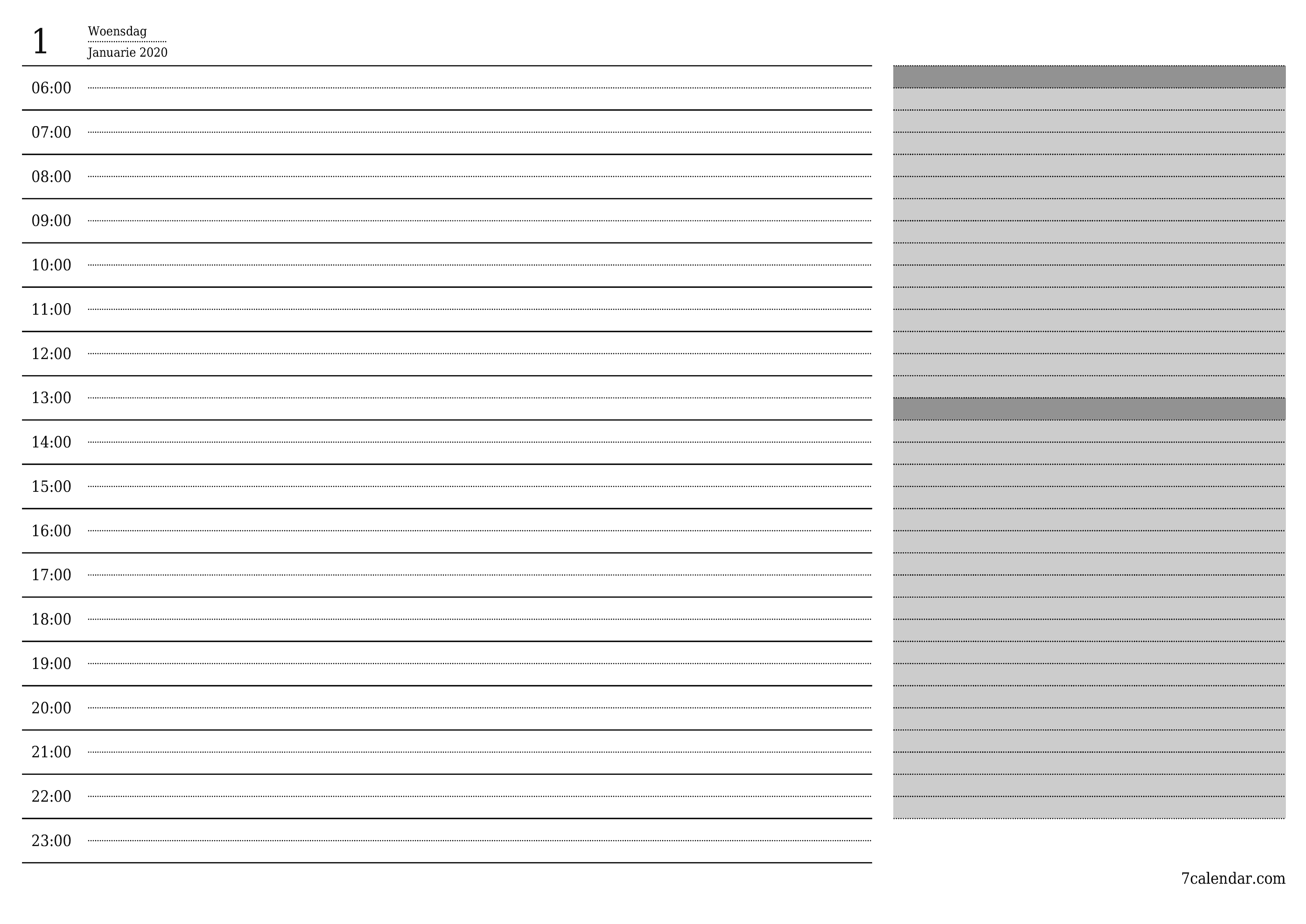 Leë daaglikse drukbare kalender en beplanner vir dag Januarie 2020 met notas, stoor en druk na PDF PNG Afrikaans