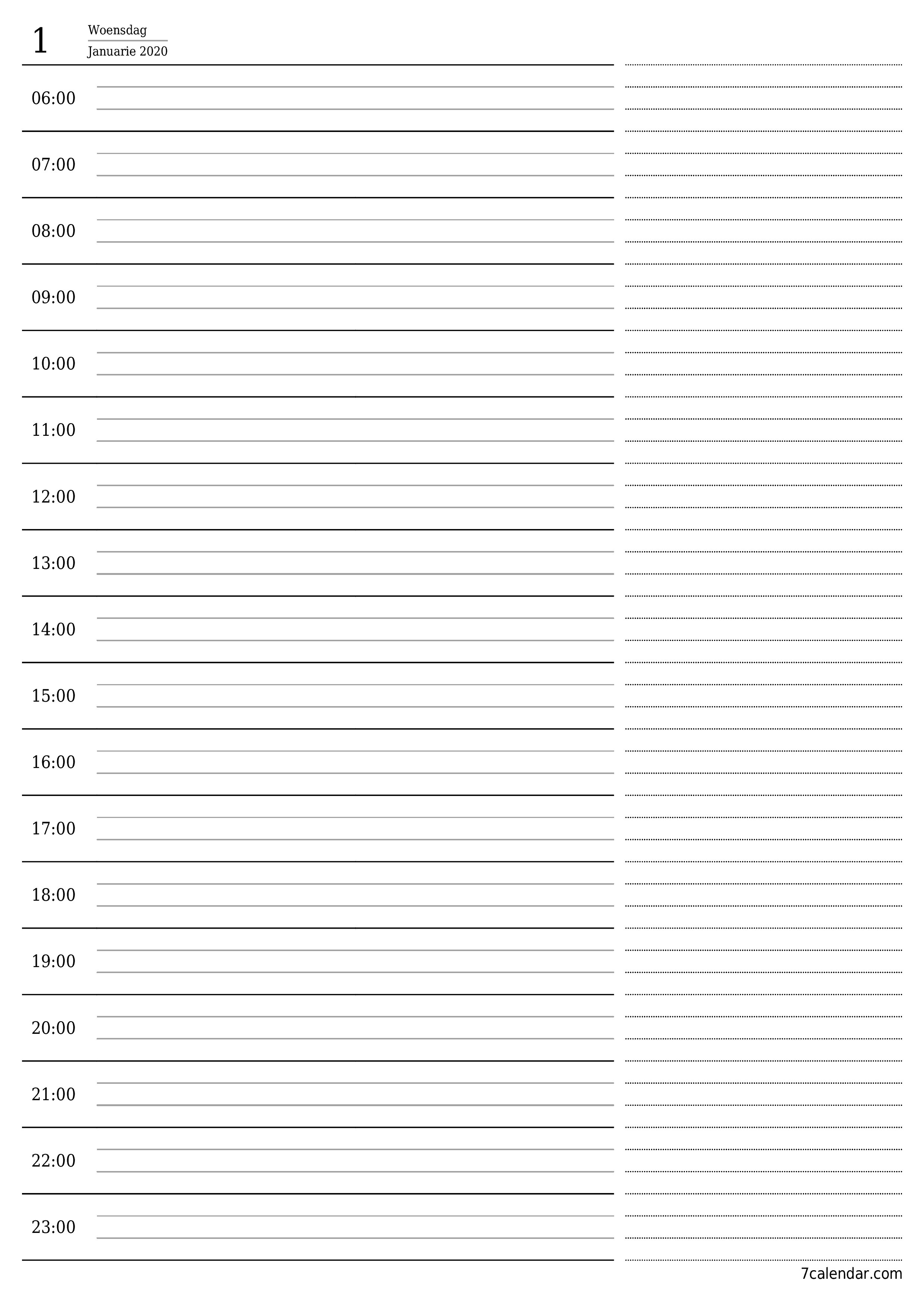 Leë daaglikse drukbare kalender en beplanner vir dag Januarie 2020 met notas, stoor en druk na PDF PNG Afrikaans