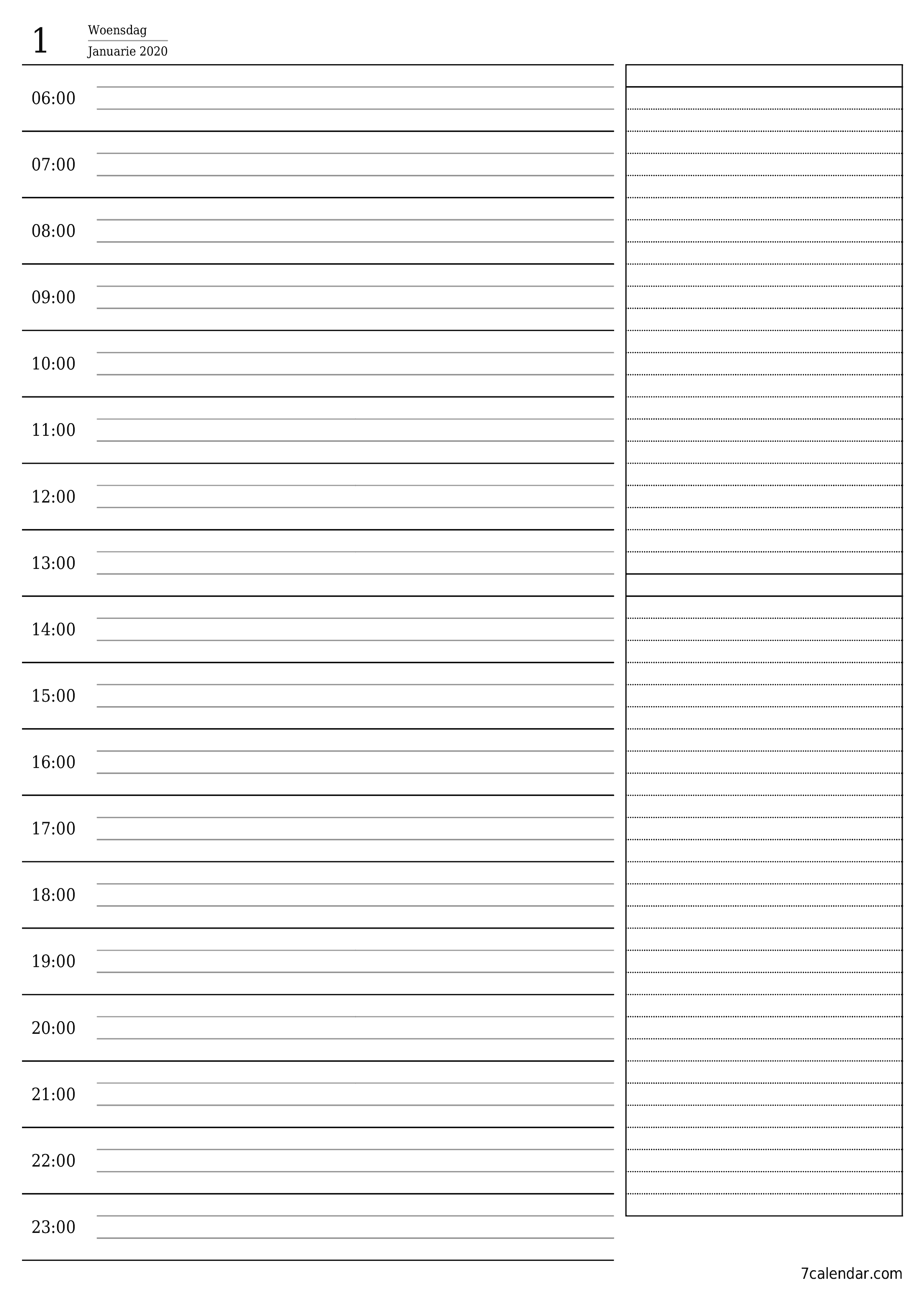 Leë daaglikse drukbare kalender en beplanner vir dag Januarie 2020 met notas, stoor en druk na PDF PNG Afrikaans