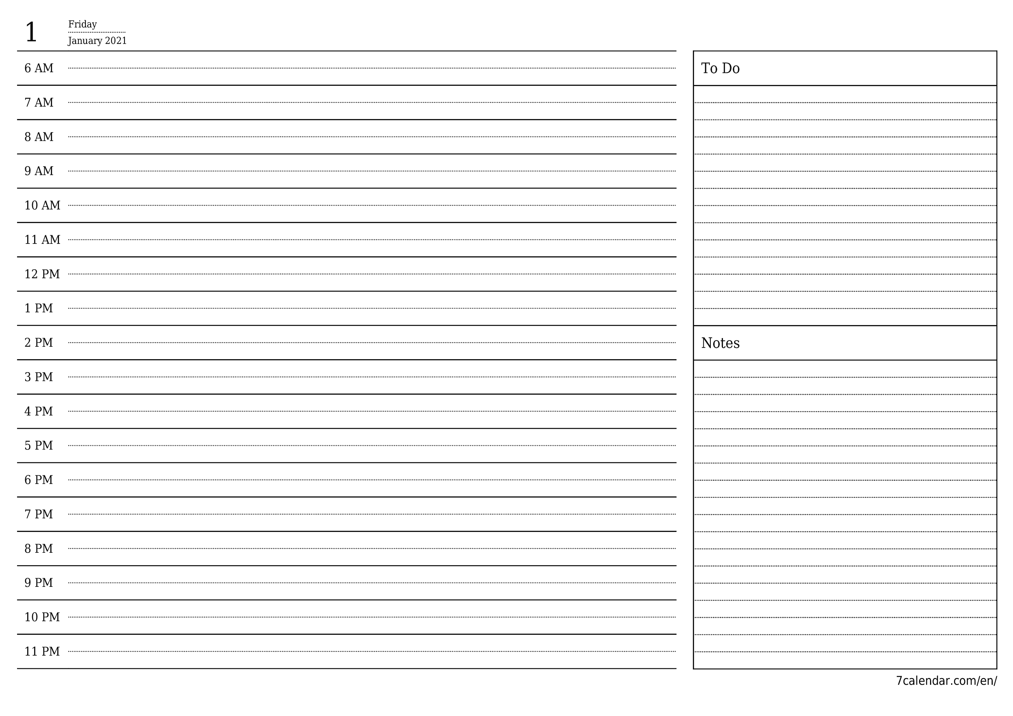 Blank daily printable calendar and planner for day January 2021 with notes, save and print to PDF PNG English