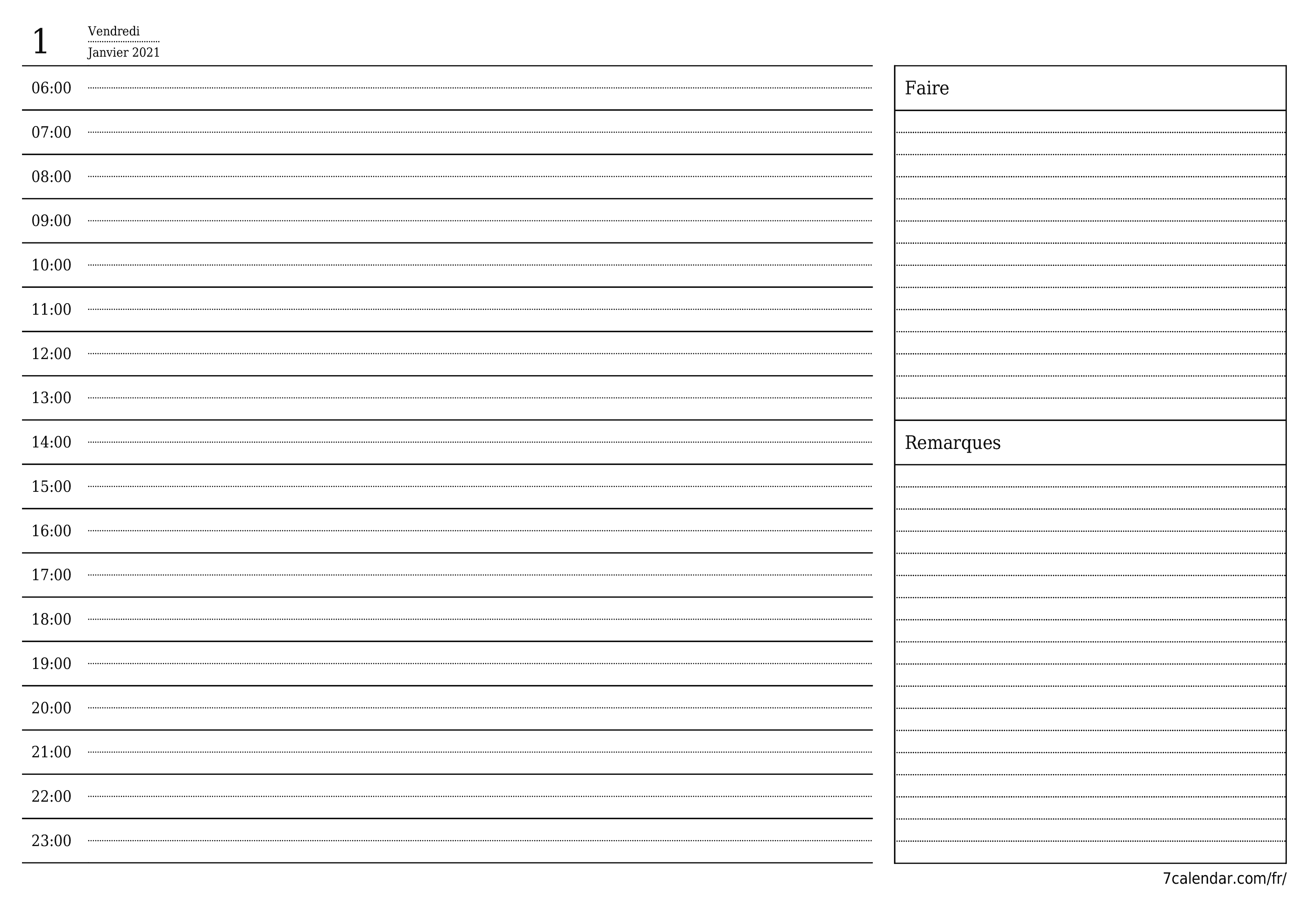 Agenda quotidien vide pour la journée Janvier 2021 avec notes, enregistrez et imprimez au format PDF PNG French