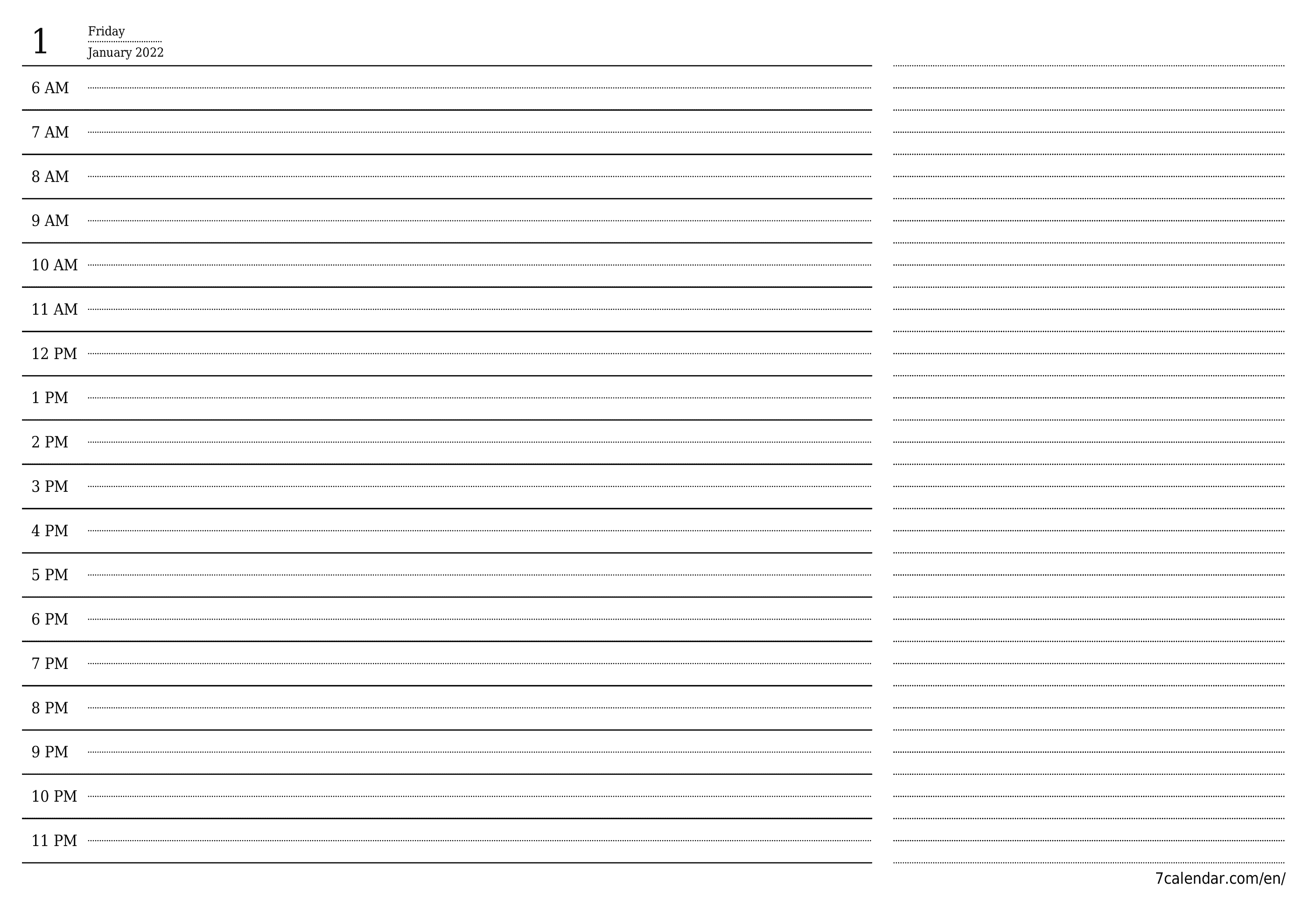 Blank daily printable calendar and planner for day January 2022 with notes, save and print to PDF PNG English