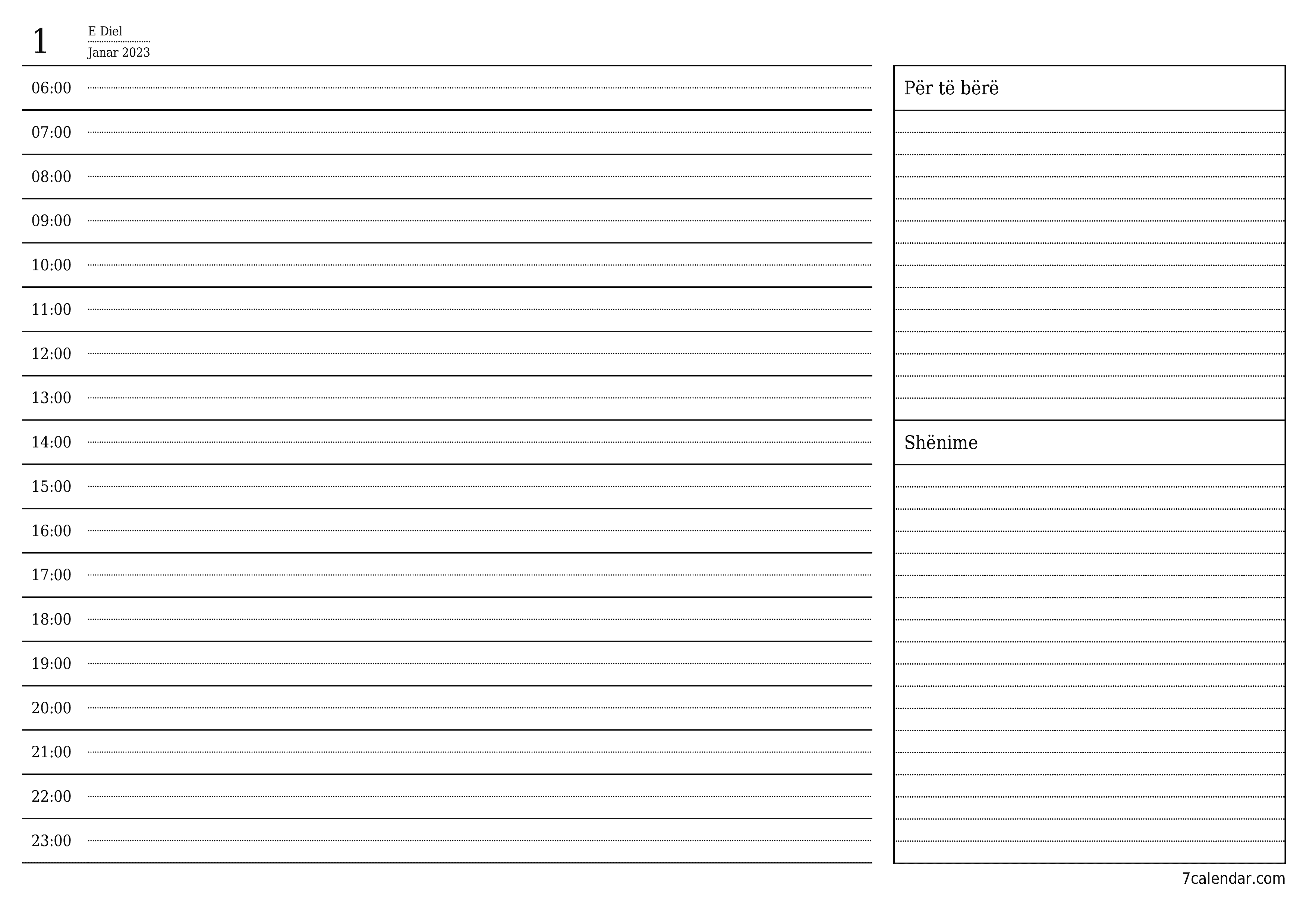 Planifikuesi bosh i kalendarit ditor për ditën Janar 2023 me shënime, ruani dhe printoni në PDF PNG Albanian