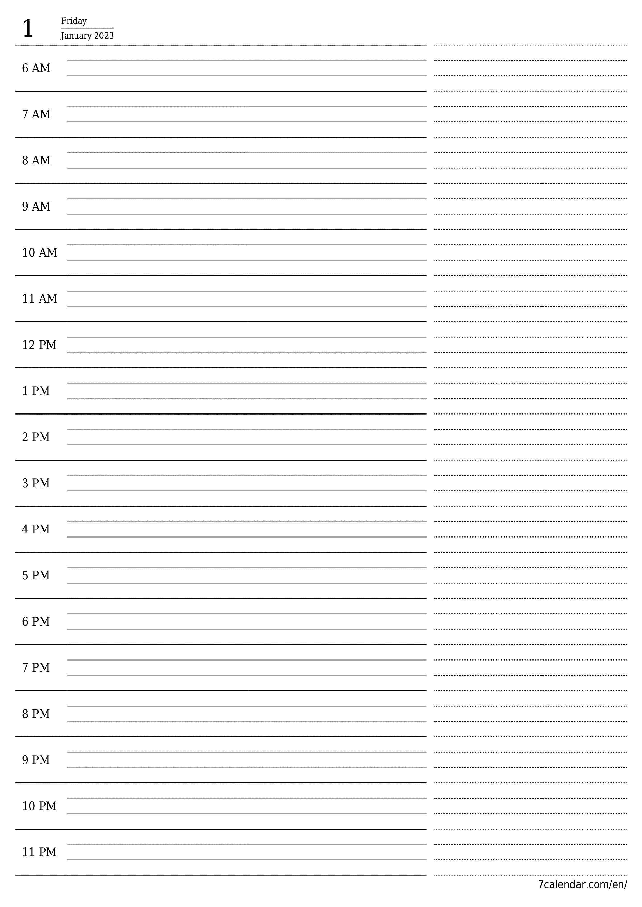 Blank daily printable calendar and planner for day January 2023 with notes, save and print to PDF PNG English