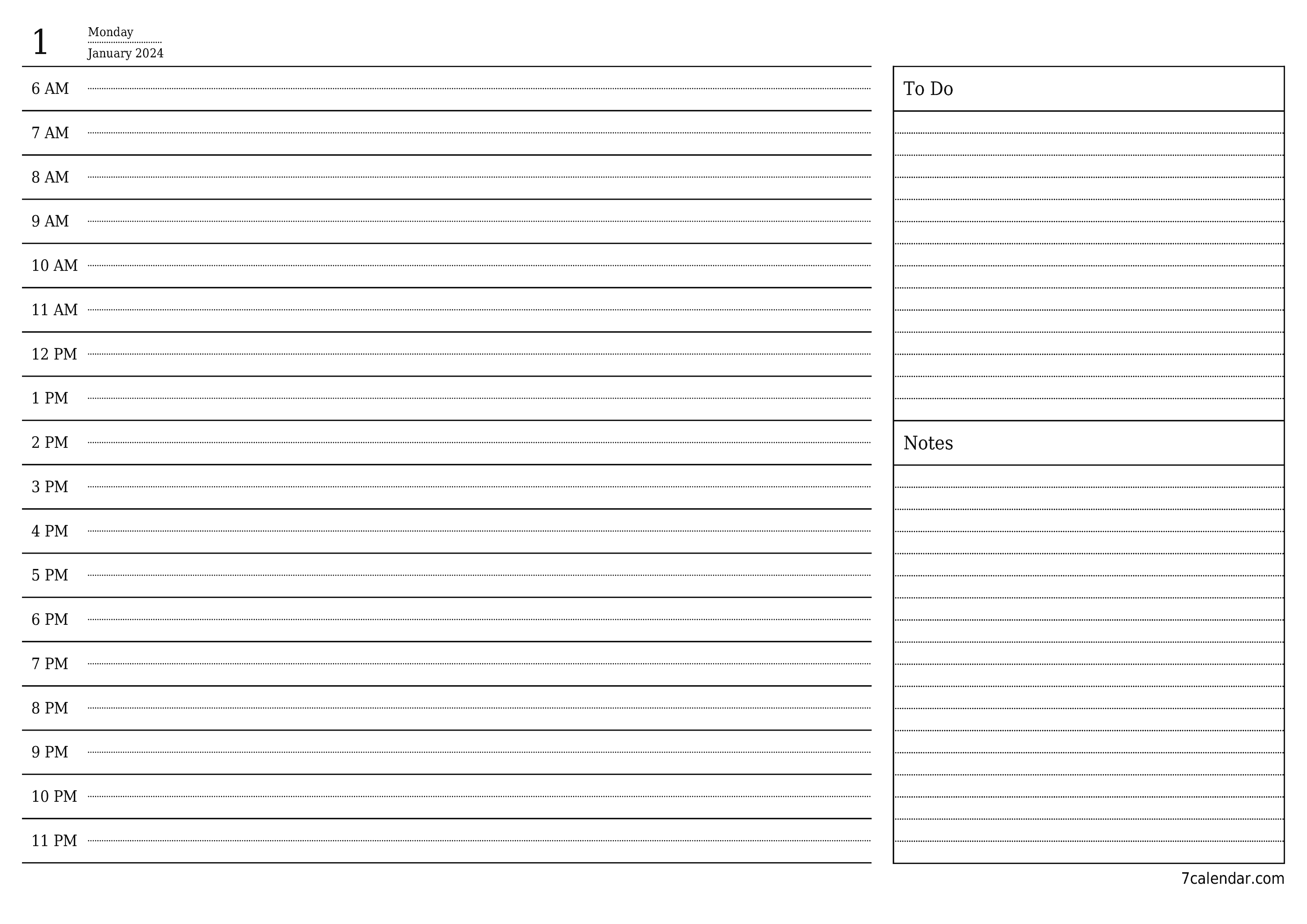 Blank daily printable calendar and planner for day January 2024 with notes, save and print to PDF PNG English