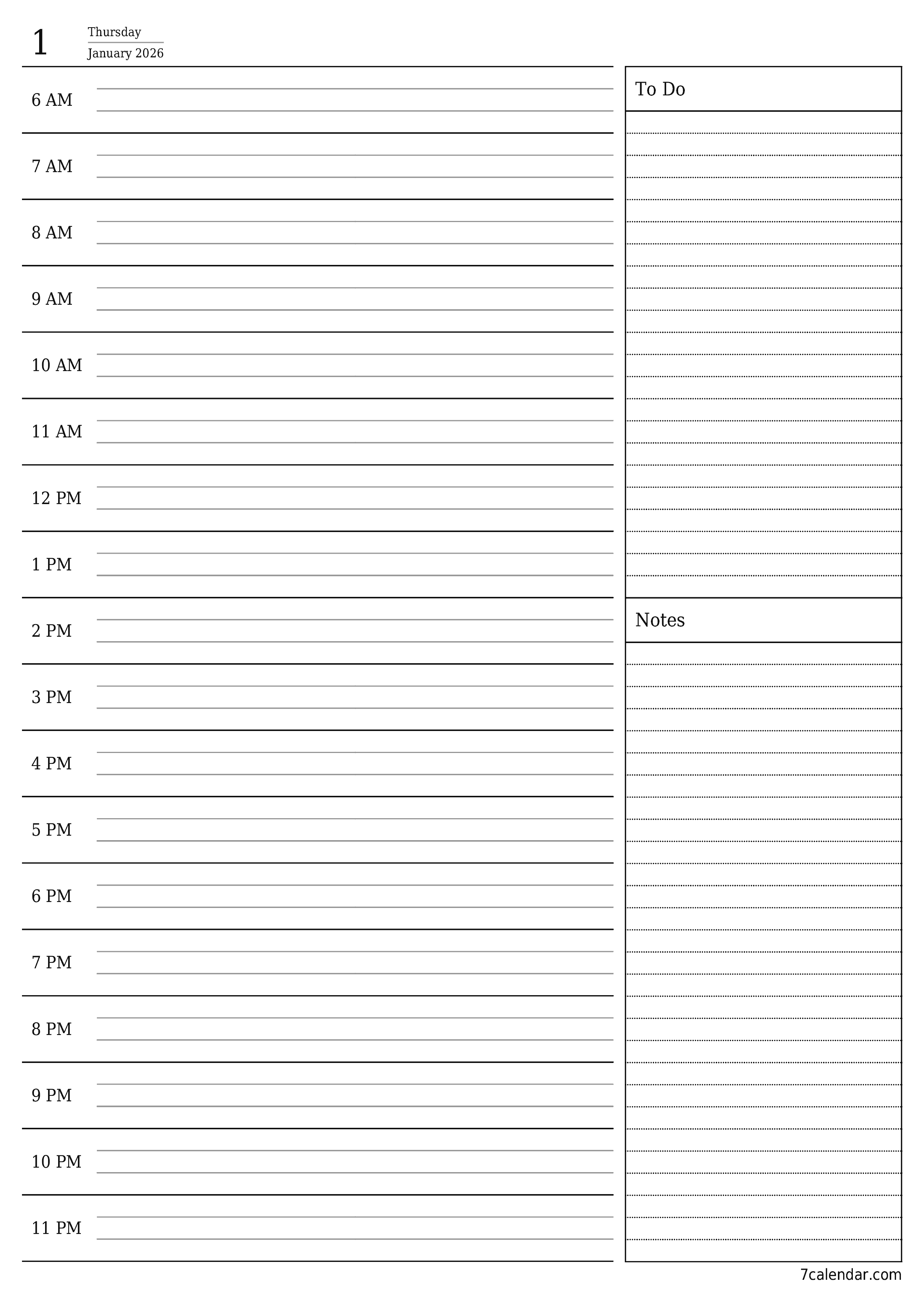 Blank daily printable calendar and planner for day January 2026 with notes, save and print to PDF PNG English