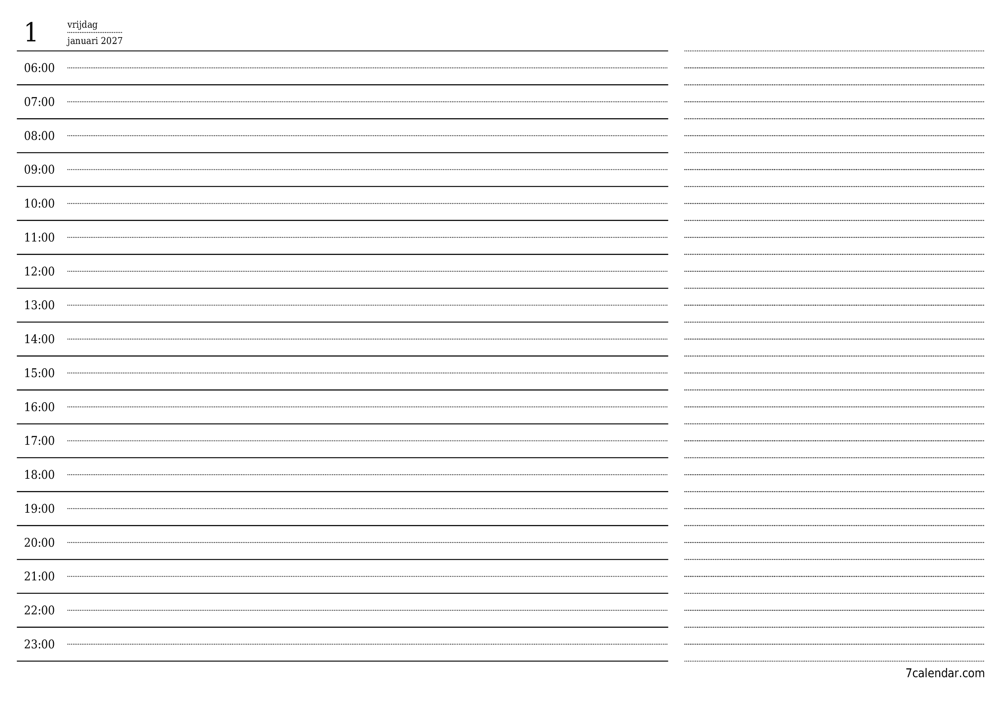 Lege dagelijkse planner voor dag januari 2027 met notities, opslaan en afdrukken naar pdf PNG Dutch