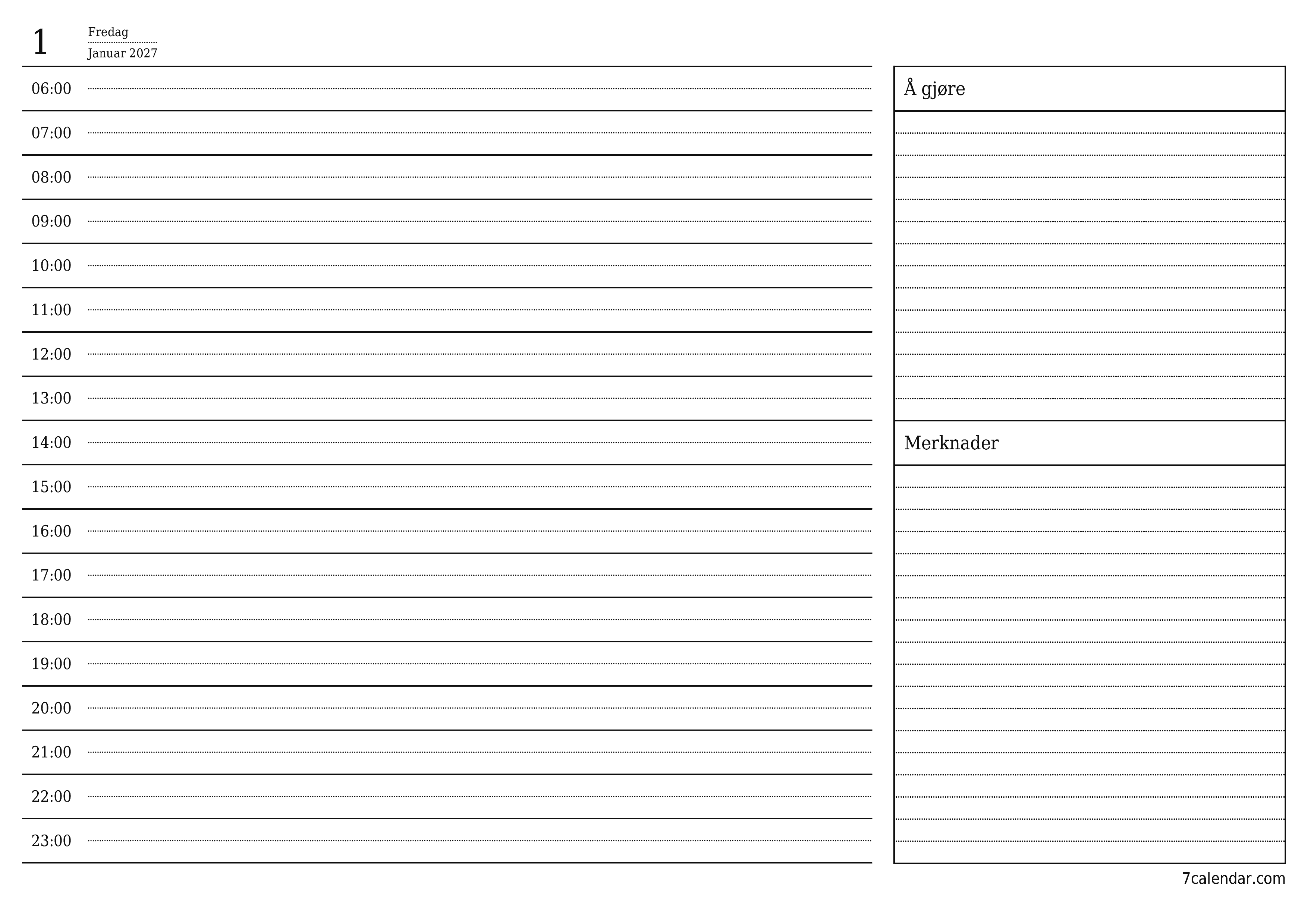 Tøm daglig planlegger for dag Januar 2027 med notater, lagre og skriv ut til PDF PNG Norwegian