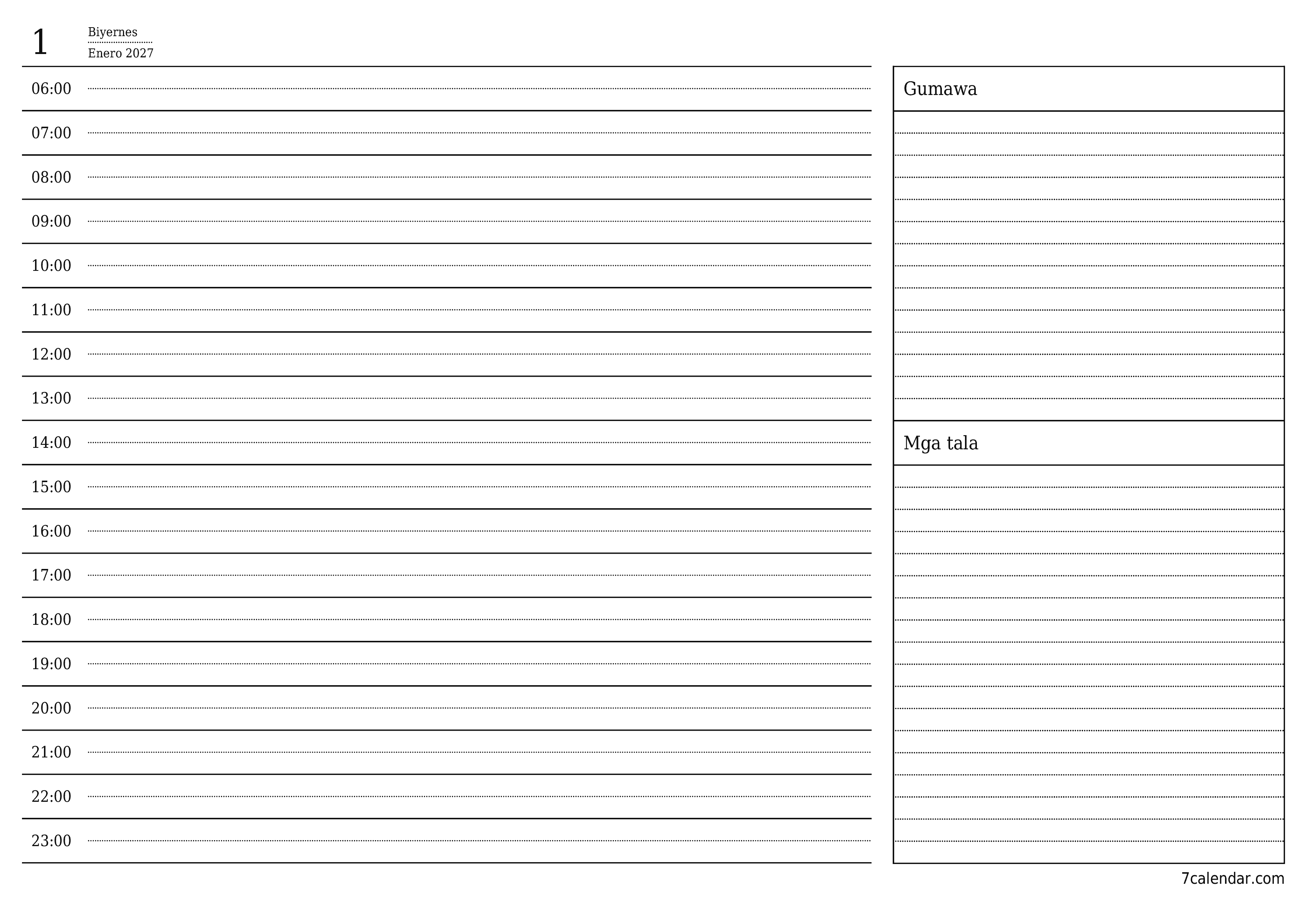 napi-print na sa dingding template ng libreng pahalang Pang-araw-araw tagaplano kalendaryo Enero (Ene) 2027