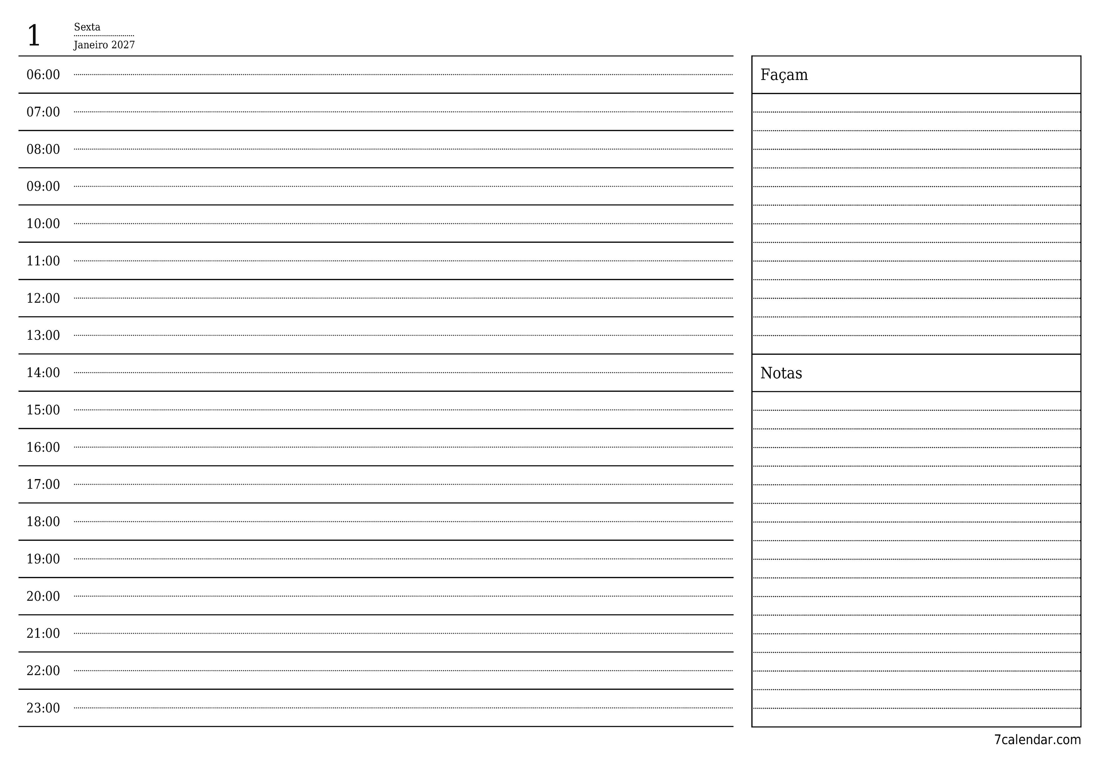 Esvazie o planejador diário para o dia Janeiro 2027 com notas, salve e imprima em PDF PNG Portuguese