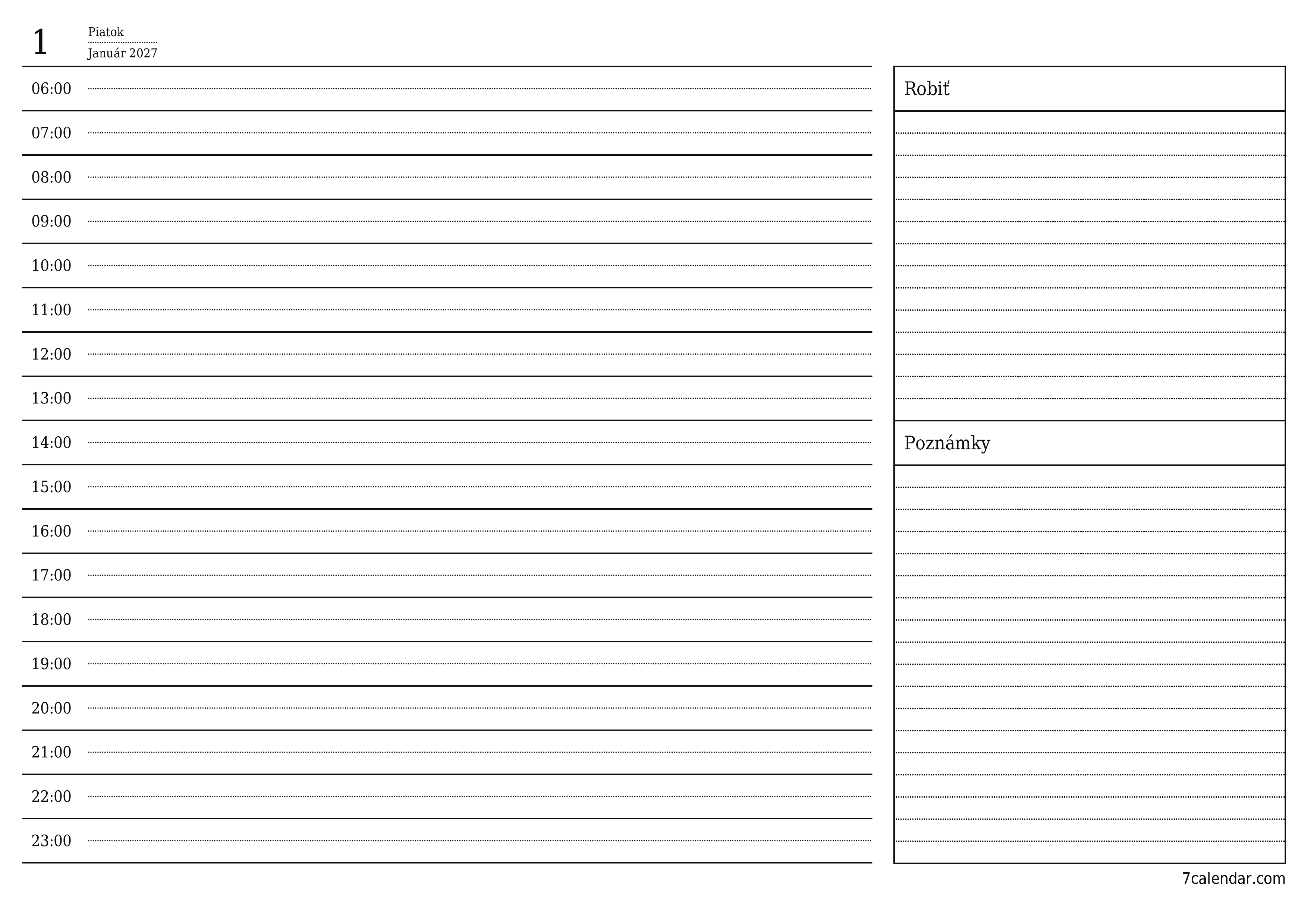 Prázdny denný plánovač na deň Január 2027 s poznámkami, uloženie a tlač do PDF PNG Slovak