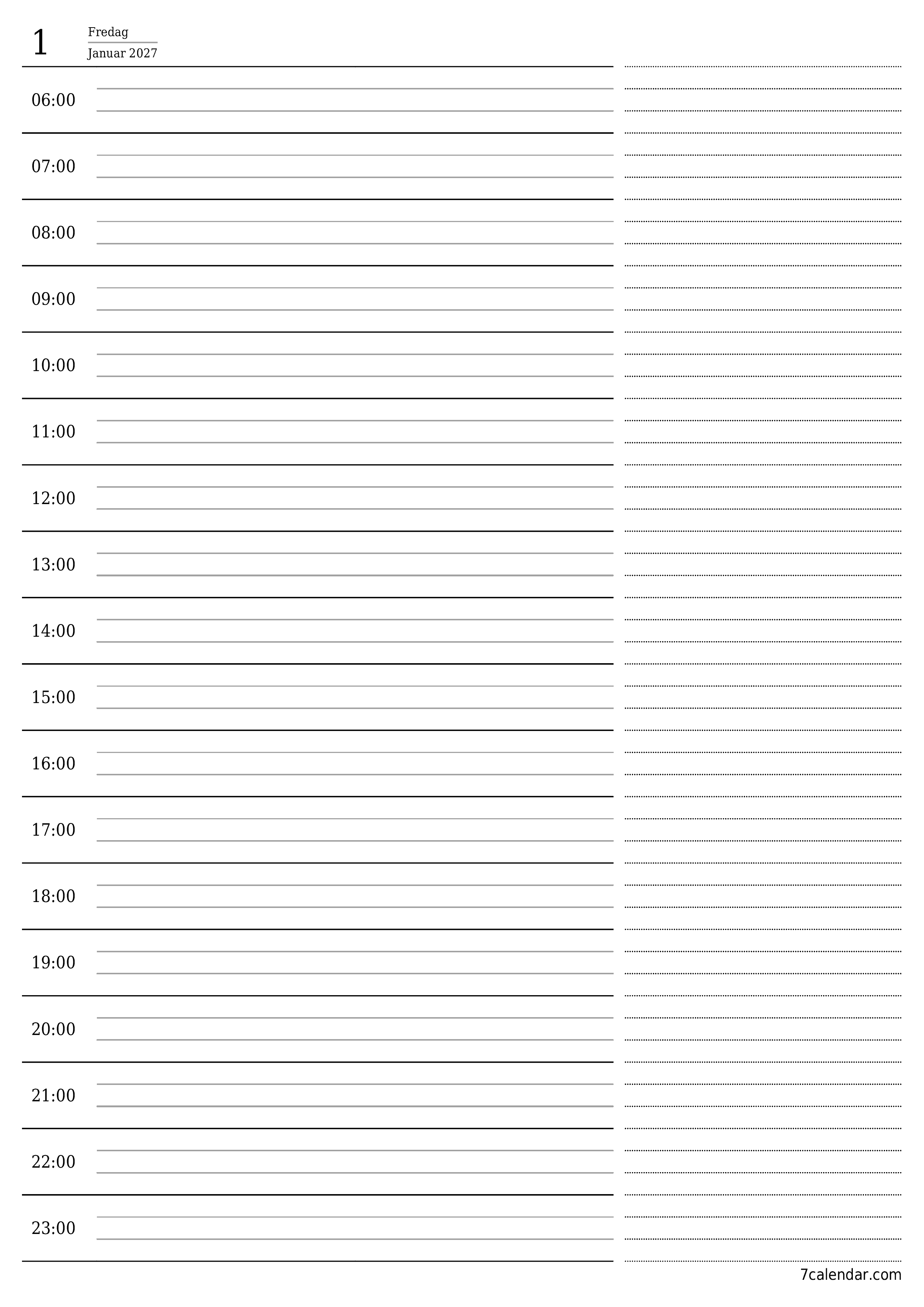 Tøm daglig planlegger for dag Januar 2027 med notater, lagre og skriv ut til PDF PNG Norwegian