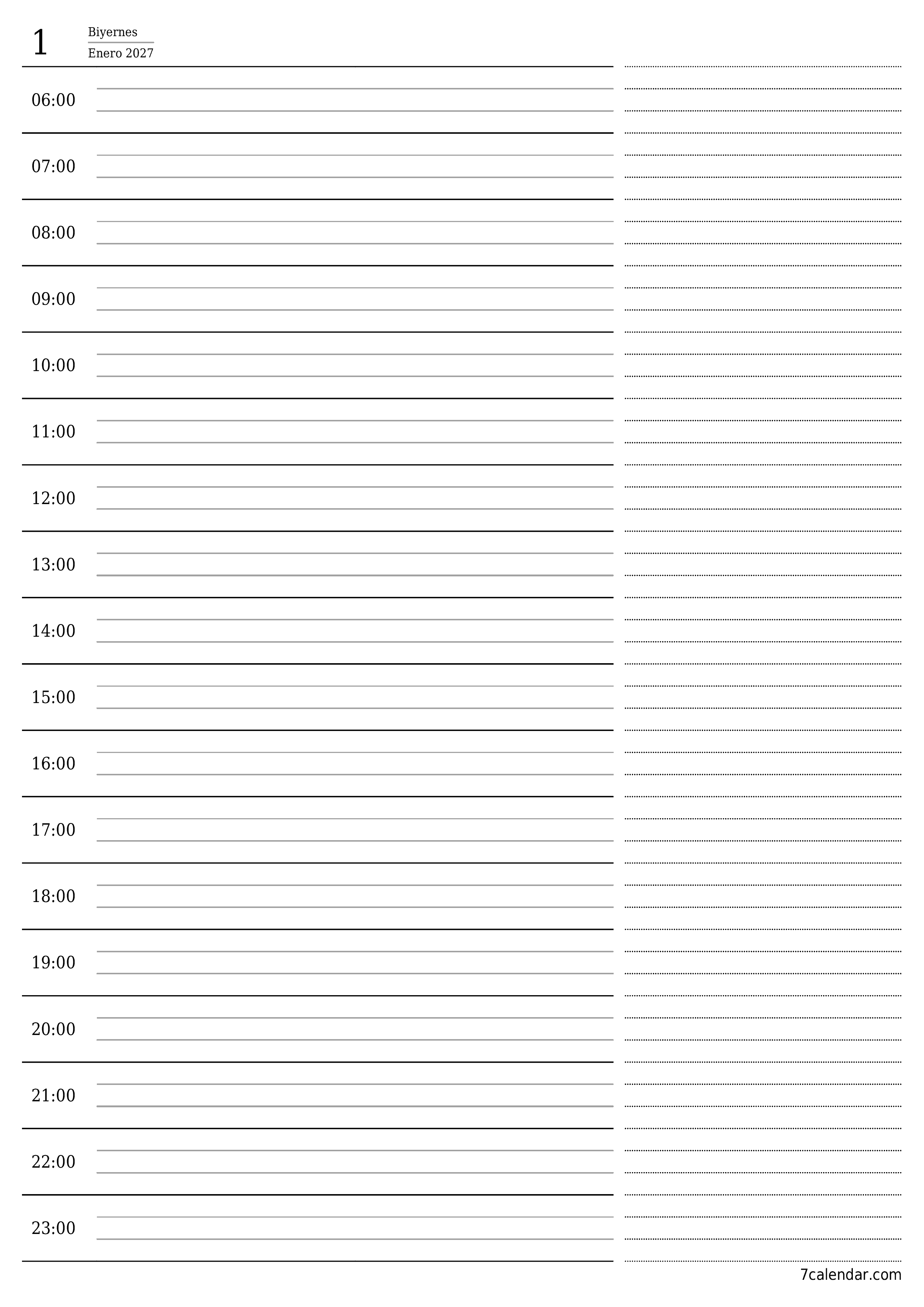 Walang laman araw-araw na tagaplano para sa araw na Enero 2027 na may mga tala, i-save at i-print sa PDF PNG Filipino