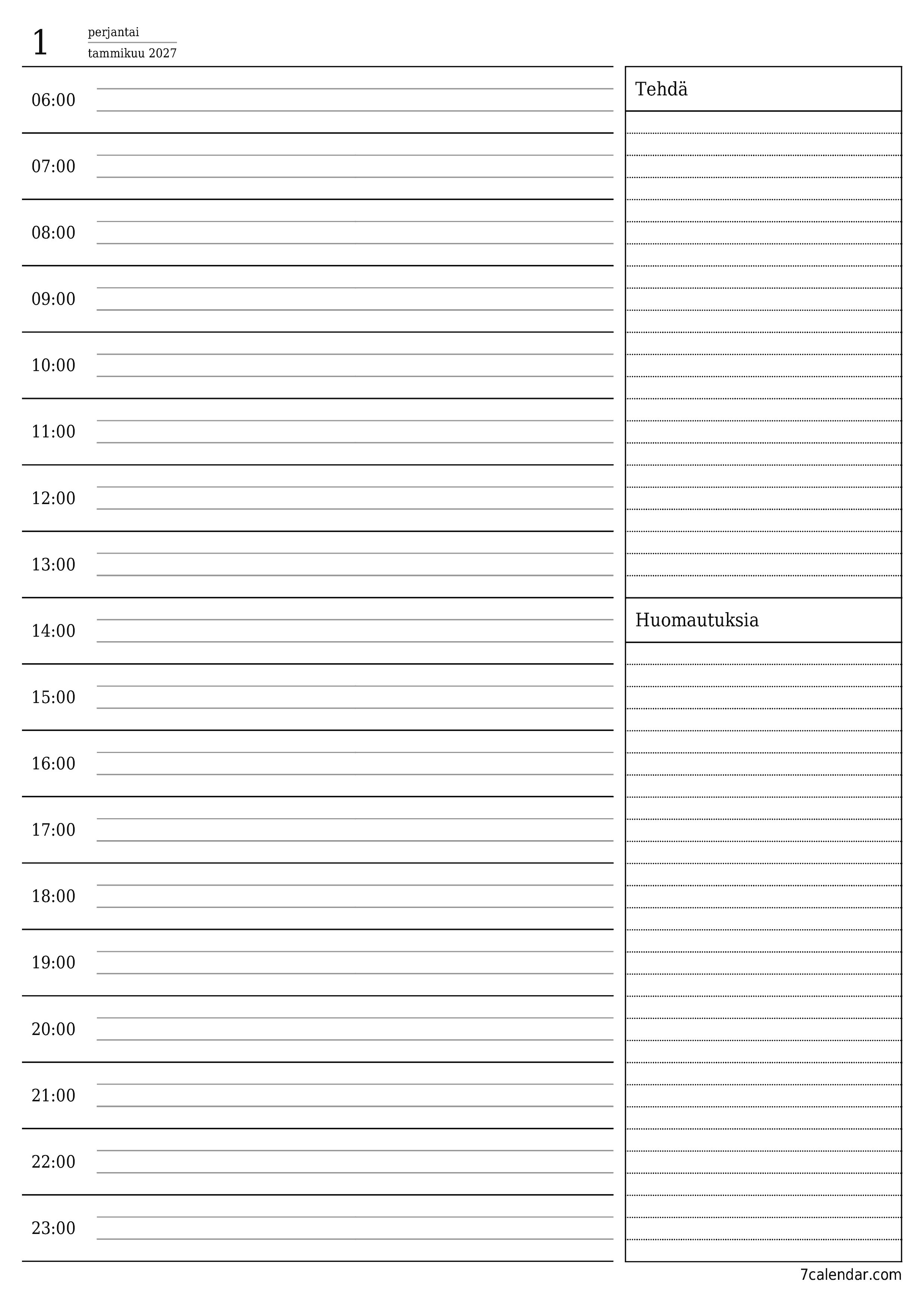 Tyhjennä päiväsuunnittelija päivälle Tammikuu 2027 muistiinpanoilla, tallenna ja tulosta PDF-muotoon PNG Finnish