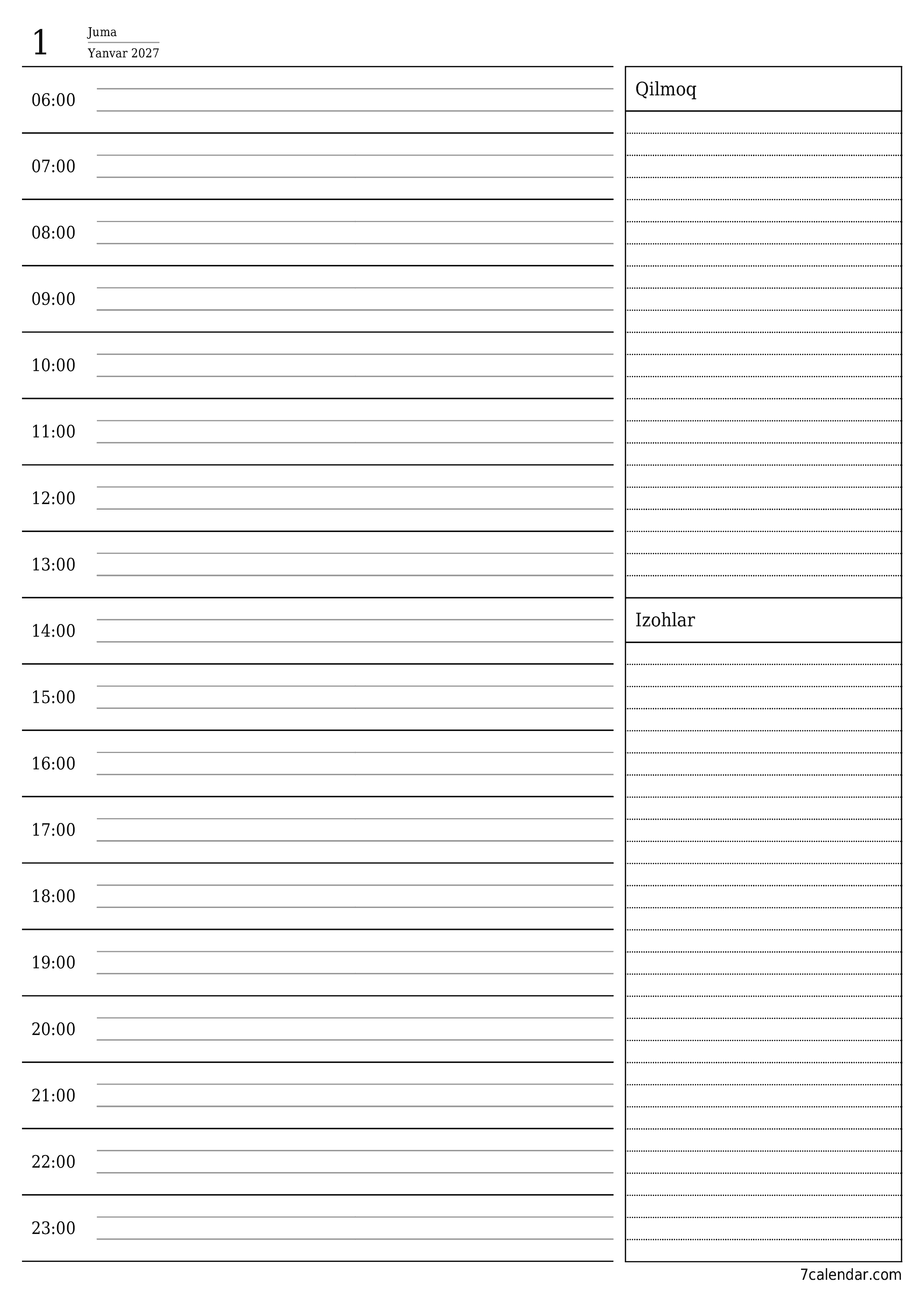 Yanvar 2027 kunlik kunlik rejalashtiruvchini yozuvlari bilan bo'shatish, saqlash va PDF-ga chop etish PNG Uzbek