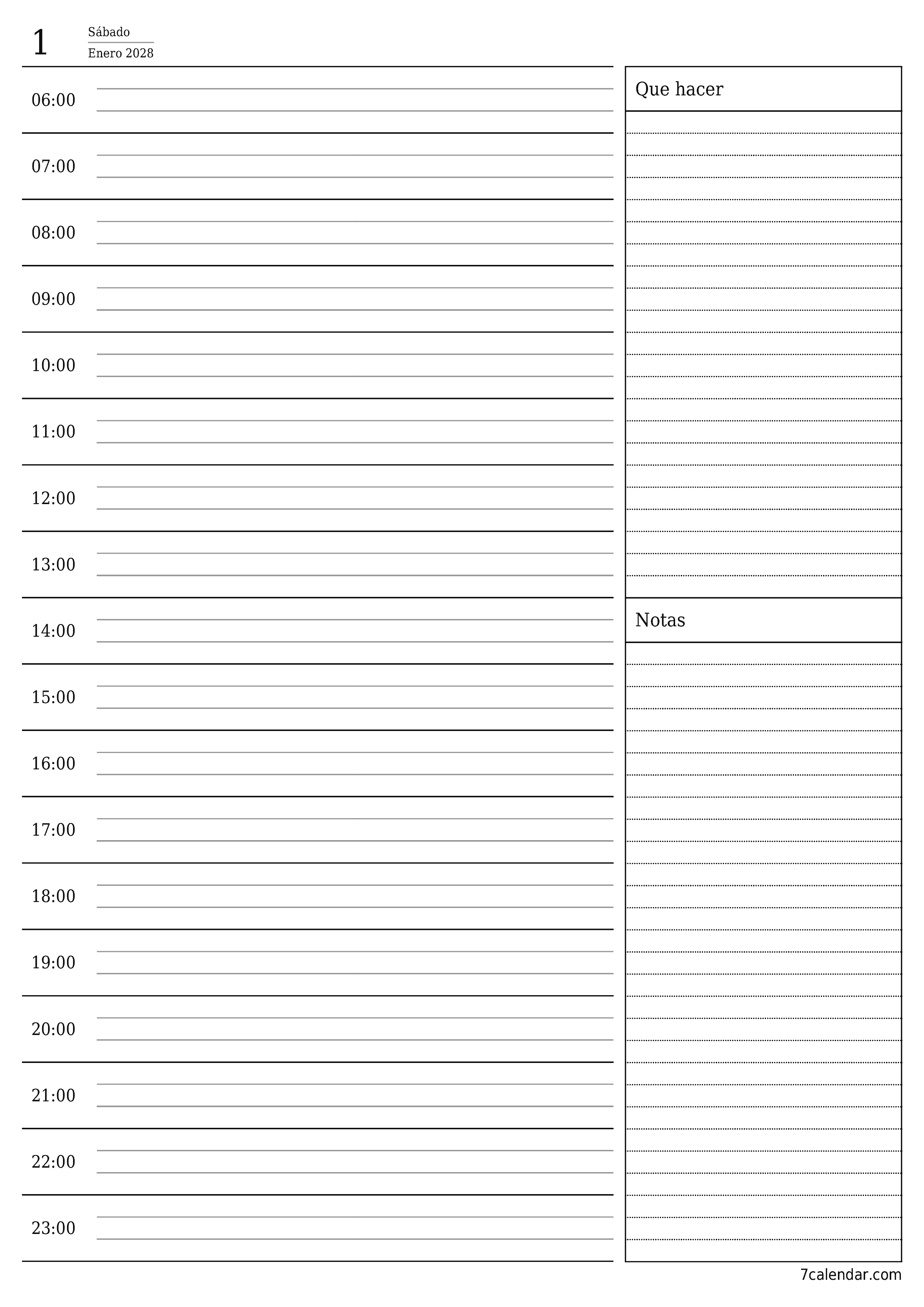 Planificador diario vacío para el día Enero 2028 con notas, guardar e imprimir en PDF PNG Spanish