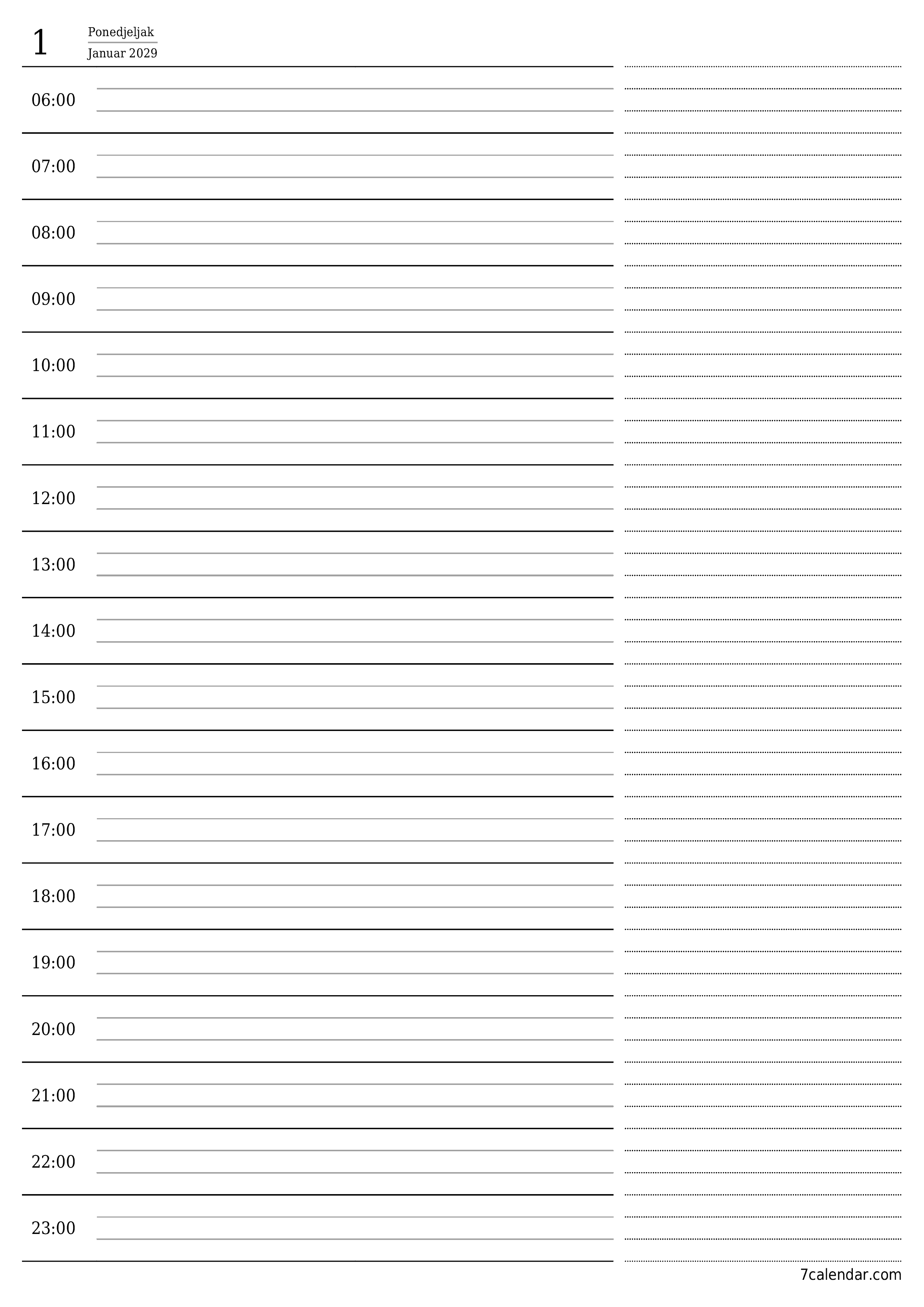 Ispraznite dnevni planer za dan Januar 2029 s bilješkama, spremite i ispišite u PDF PNG Bosnian