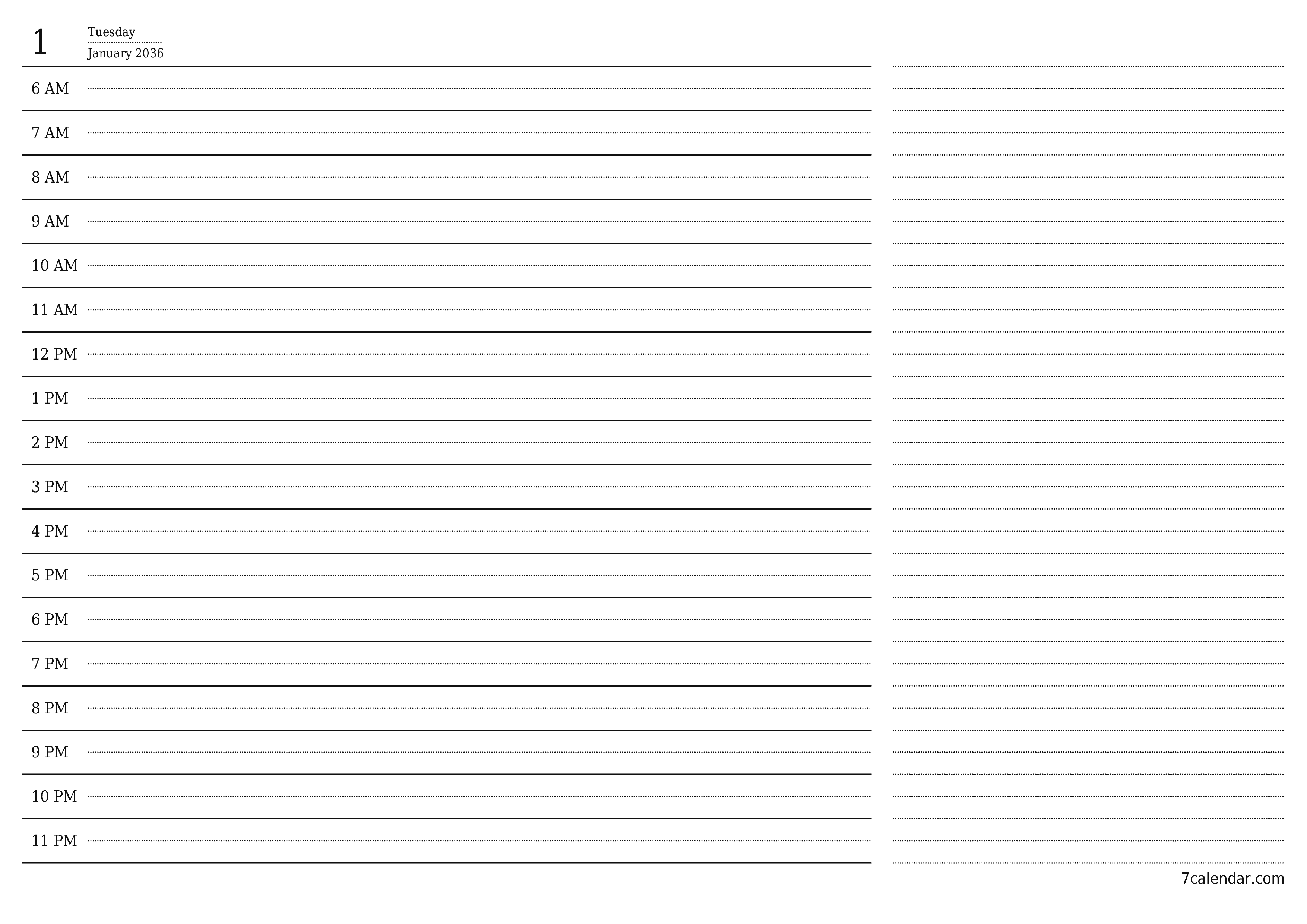 Blank calendar January 2036