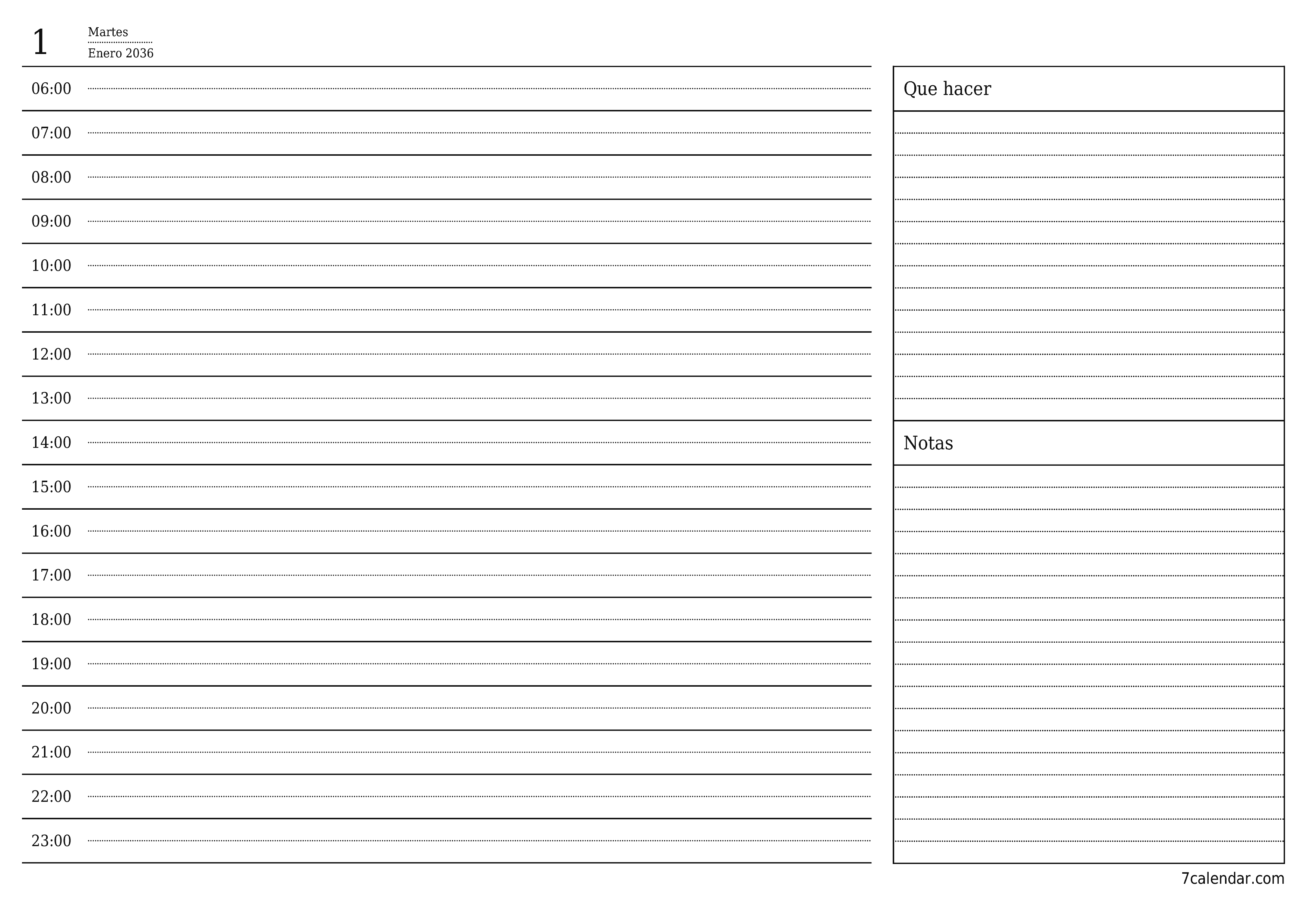 Planificador diario vacío para el día Enero 2036 con notas, guardar e imprimir en PDF PNG Spanish