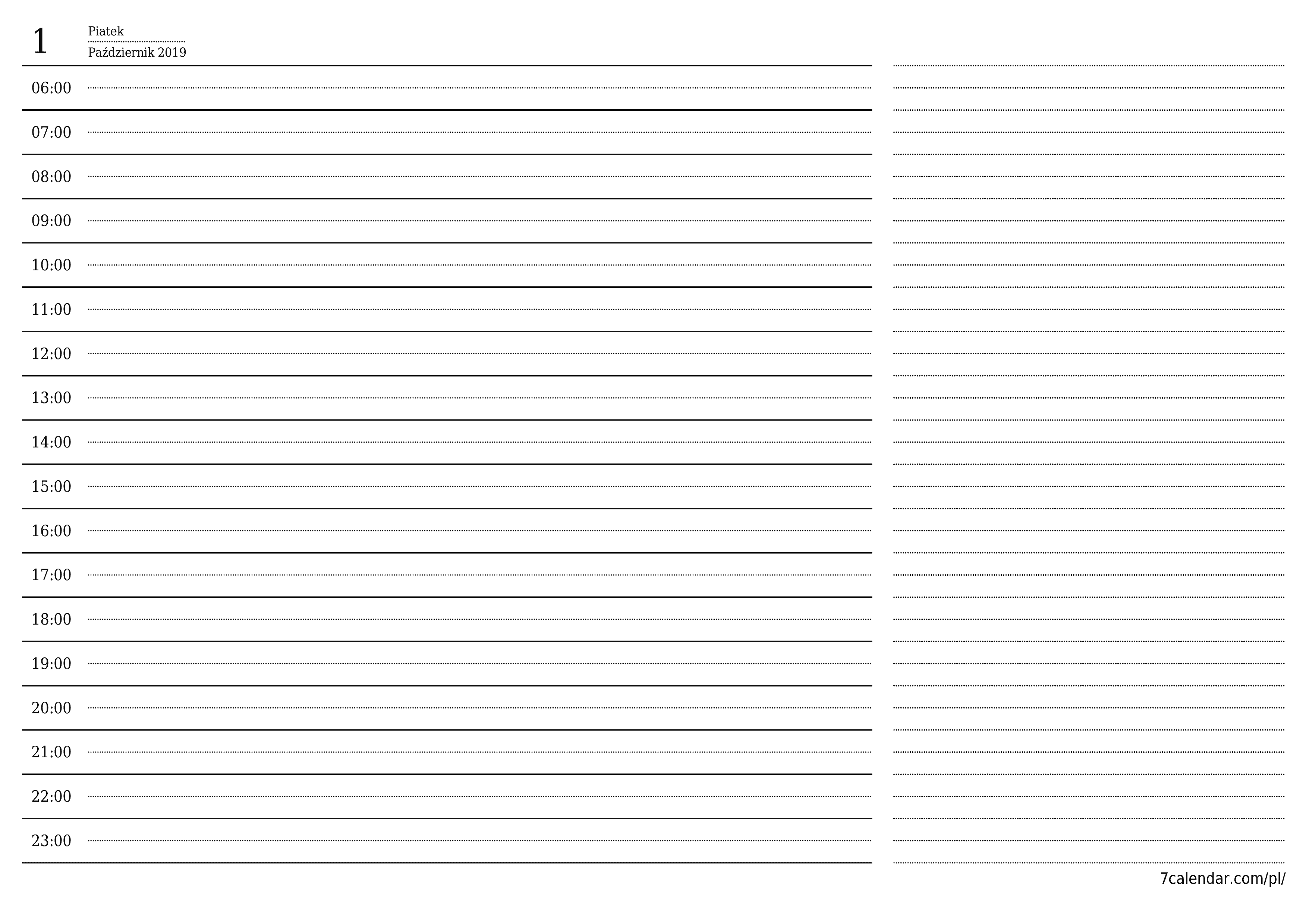 Opróżnij planer dzienny na dzień Październik 2019 z notatkami, zapisz i wydrukuj w formacie PDF PNG Polish