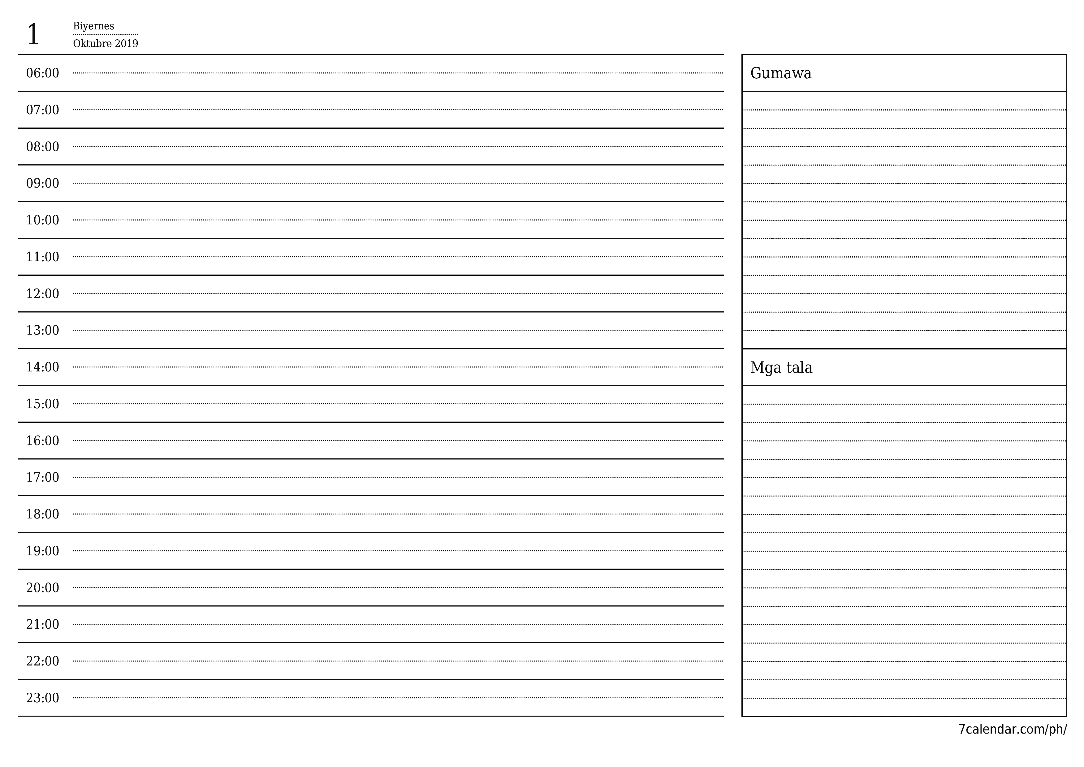 Walang laman araw-araw na tagaplano para sa araw na Oktubre 2019 na may mga tala, i-save at i-print sa PDF PNG Filipino