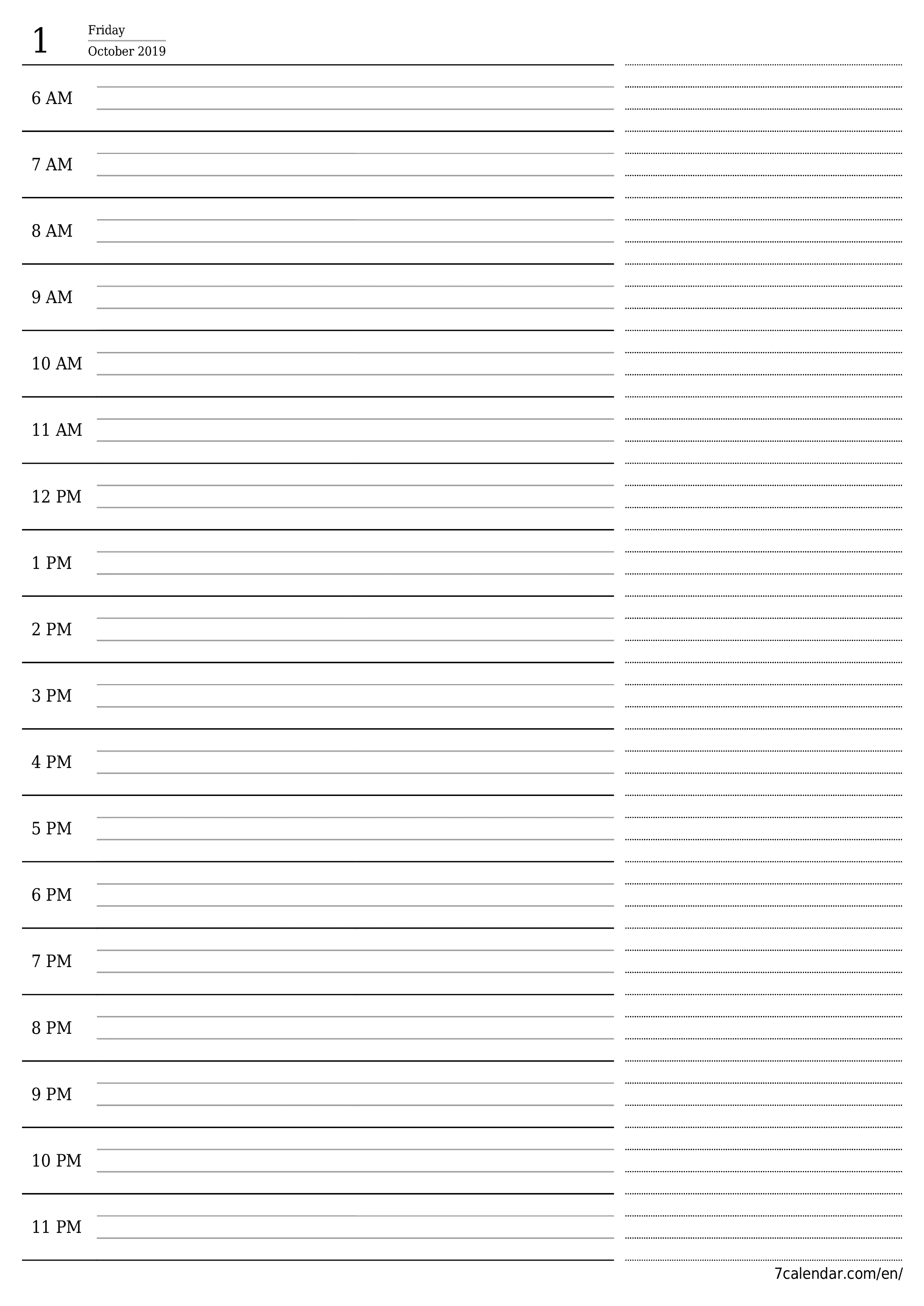printable wall template free vertical Daily planner calendar October (Oct) 2019