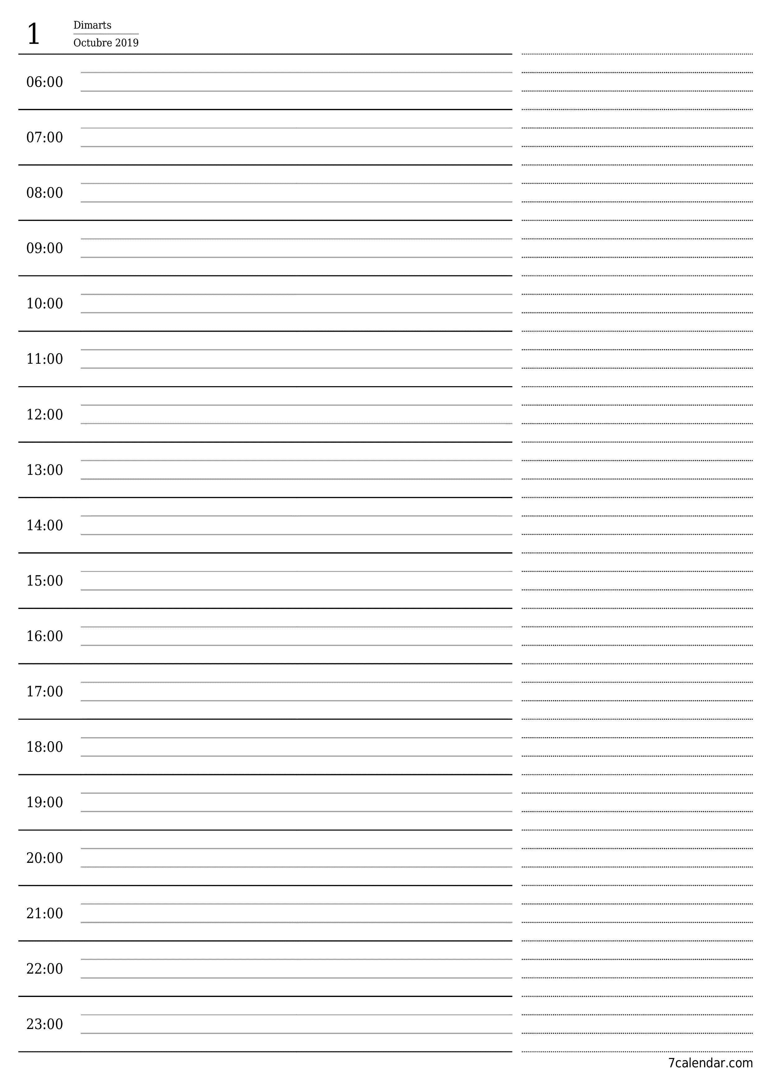 Un planificador diari buit del dia Octubre 2019 amb notes, deseu-lo i imprimiu-lo en format PDF PNG Catalan