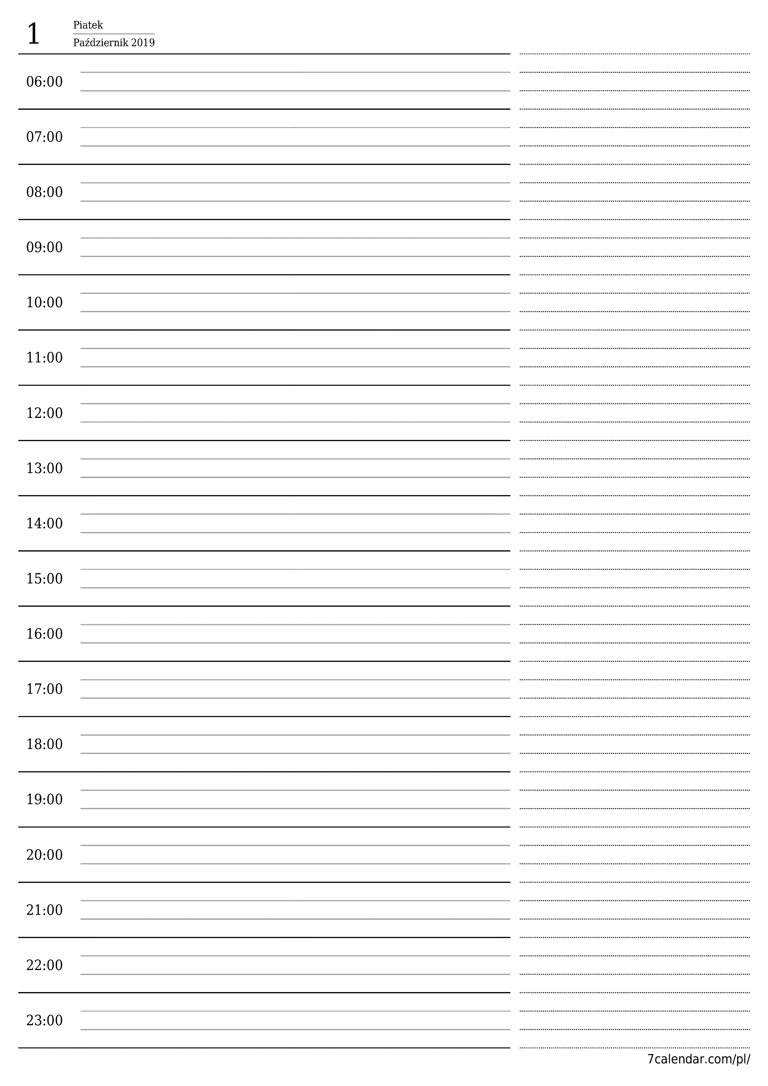 Opróżnij planer dzienny na dzień Październik 2019 z notatkami, zapisz i wydrukuj w formacie PDF PNG Polish