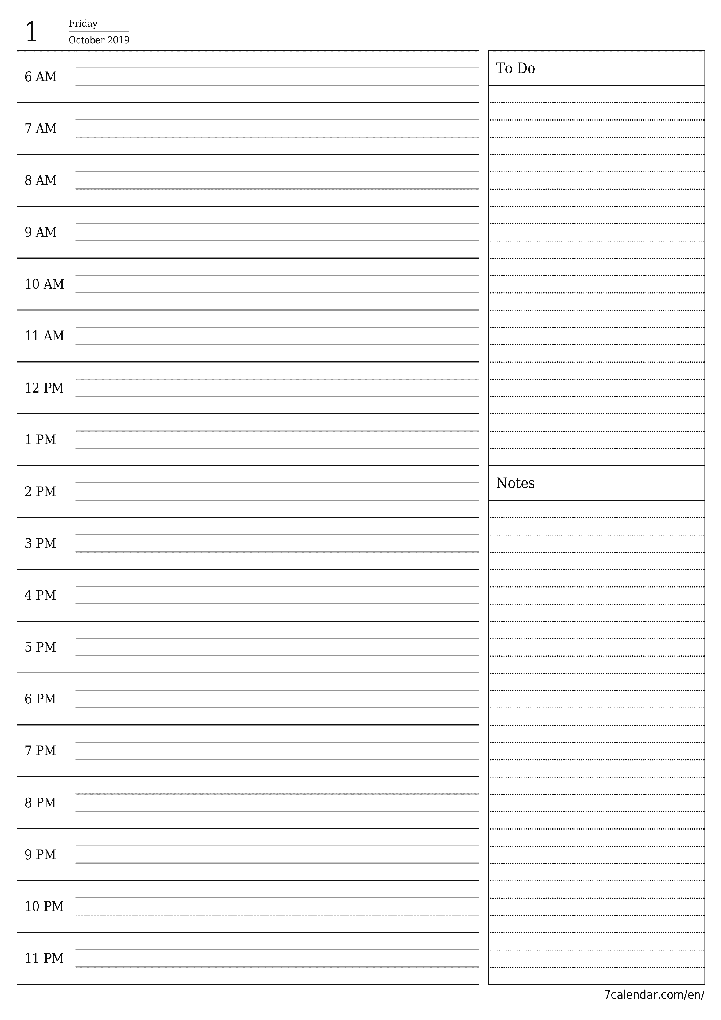 printable wall template free vertical Daily planner calendar October (Oct) 2019