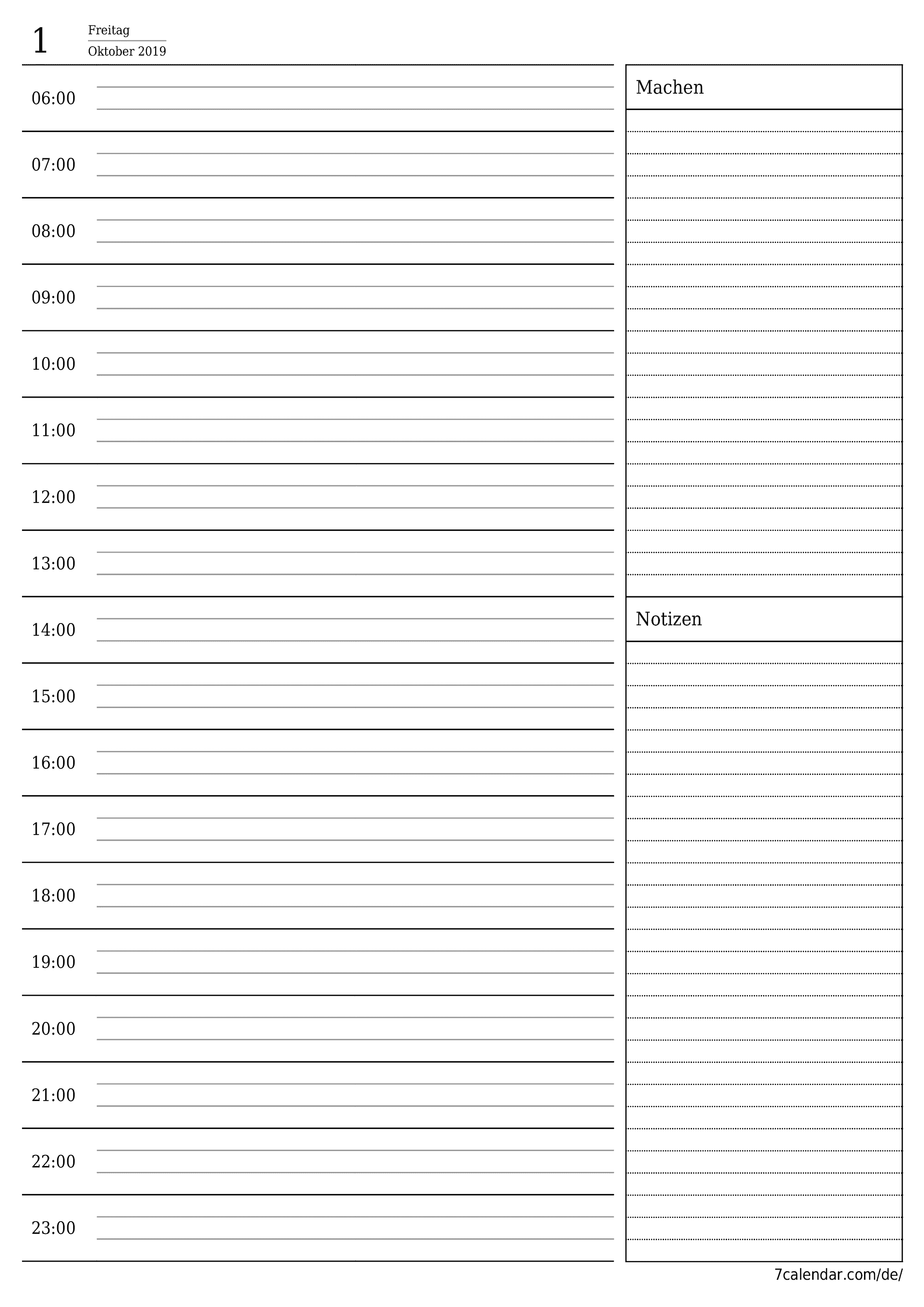 Tagesplaner für Tag Oktober 2019 mit Notizen leeren, speichern und als PDF drucken PNG German