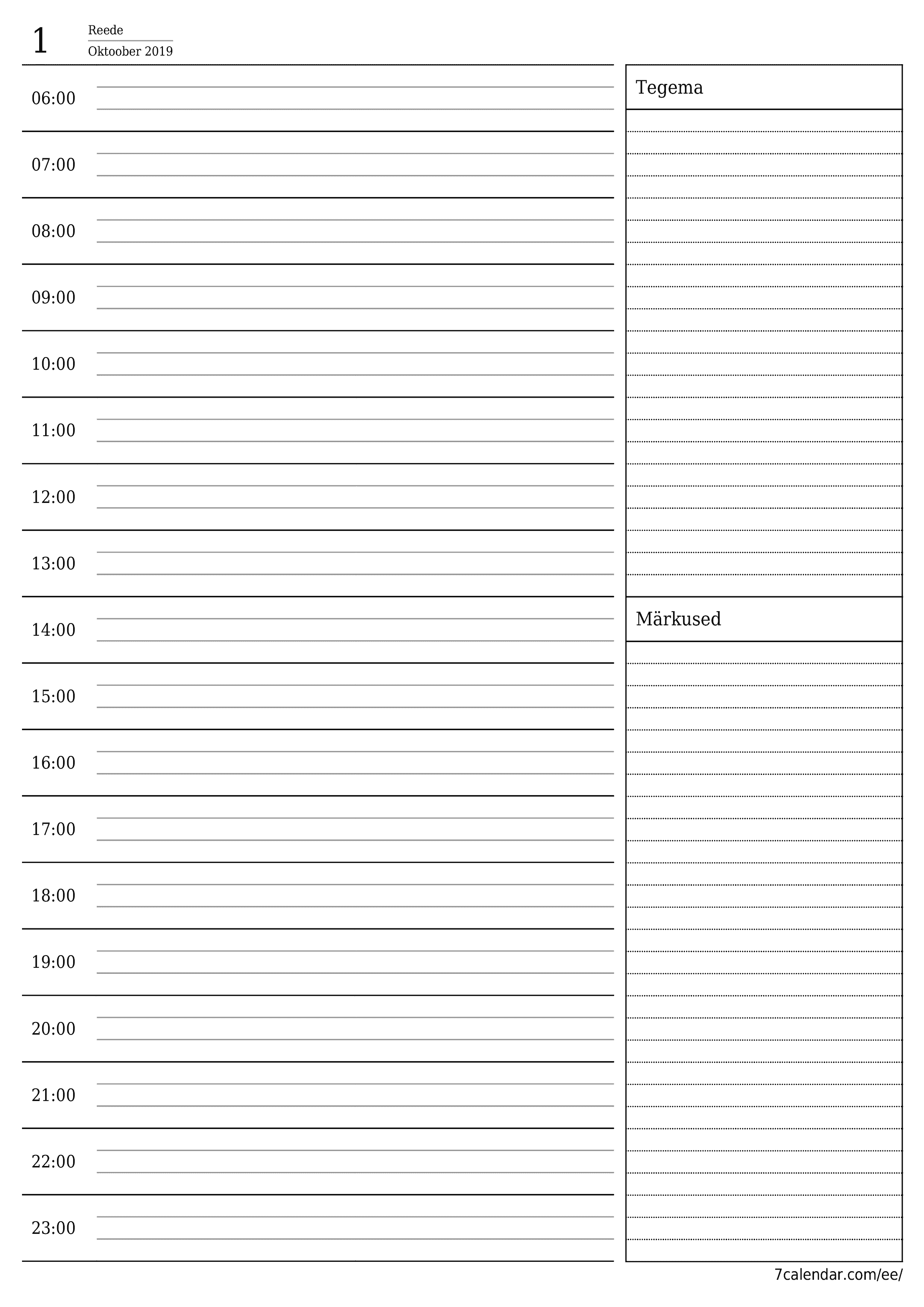 Tühjendage päevakava Oktoober 2019 märkmetega, salvestage ja printige PDF-i PNG Estonian