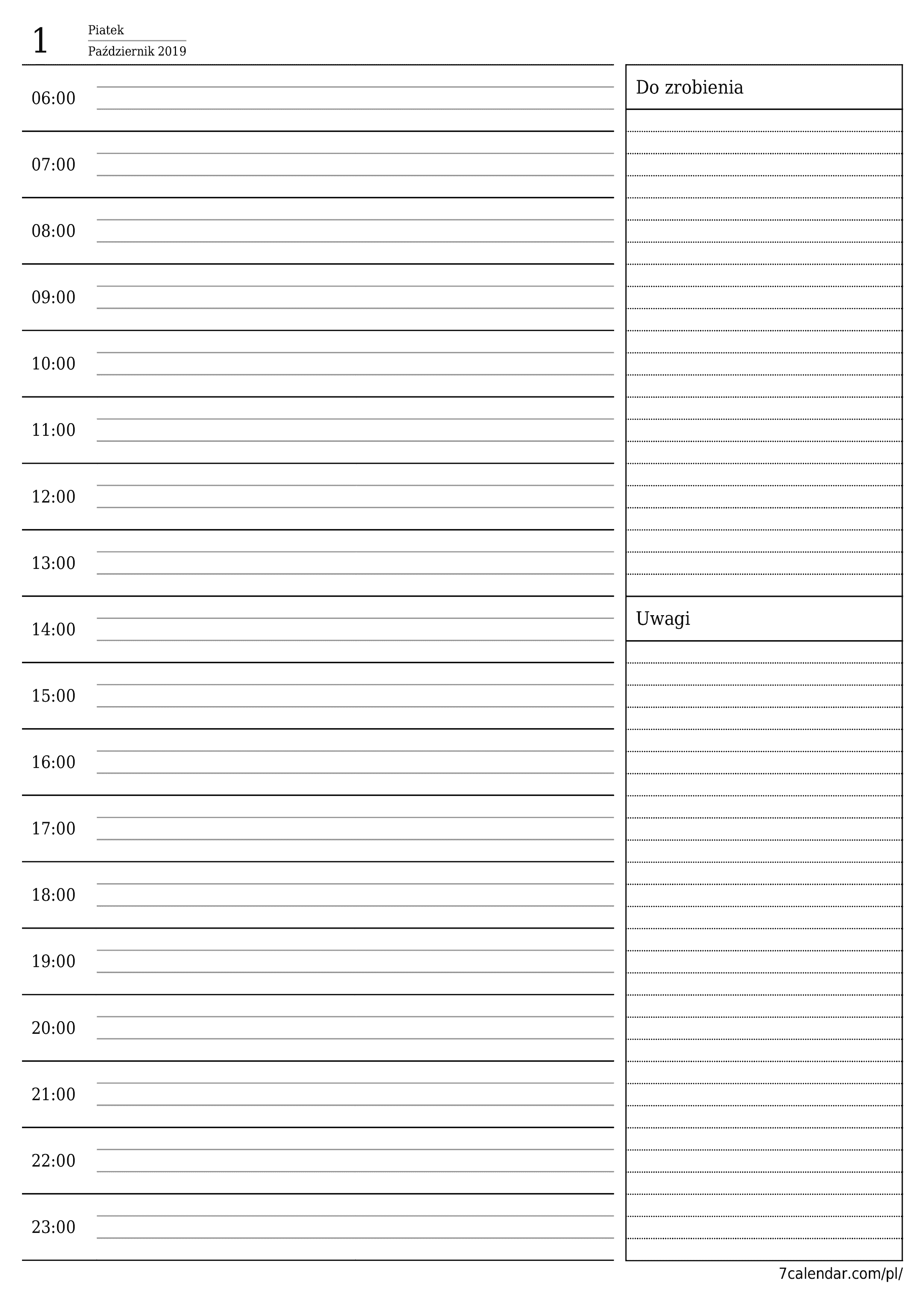 Opróżnij planer dzienny na dzień Październik 2019 z notatkami, zapisz i wydrukuj w formacie PDF PNG Polish