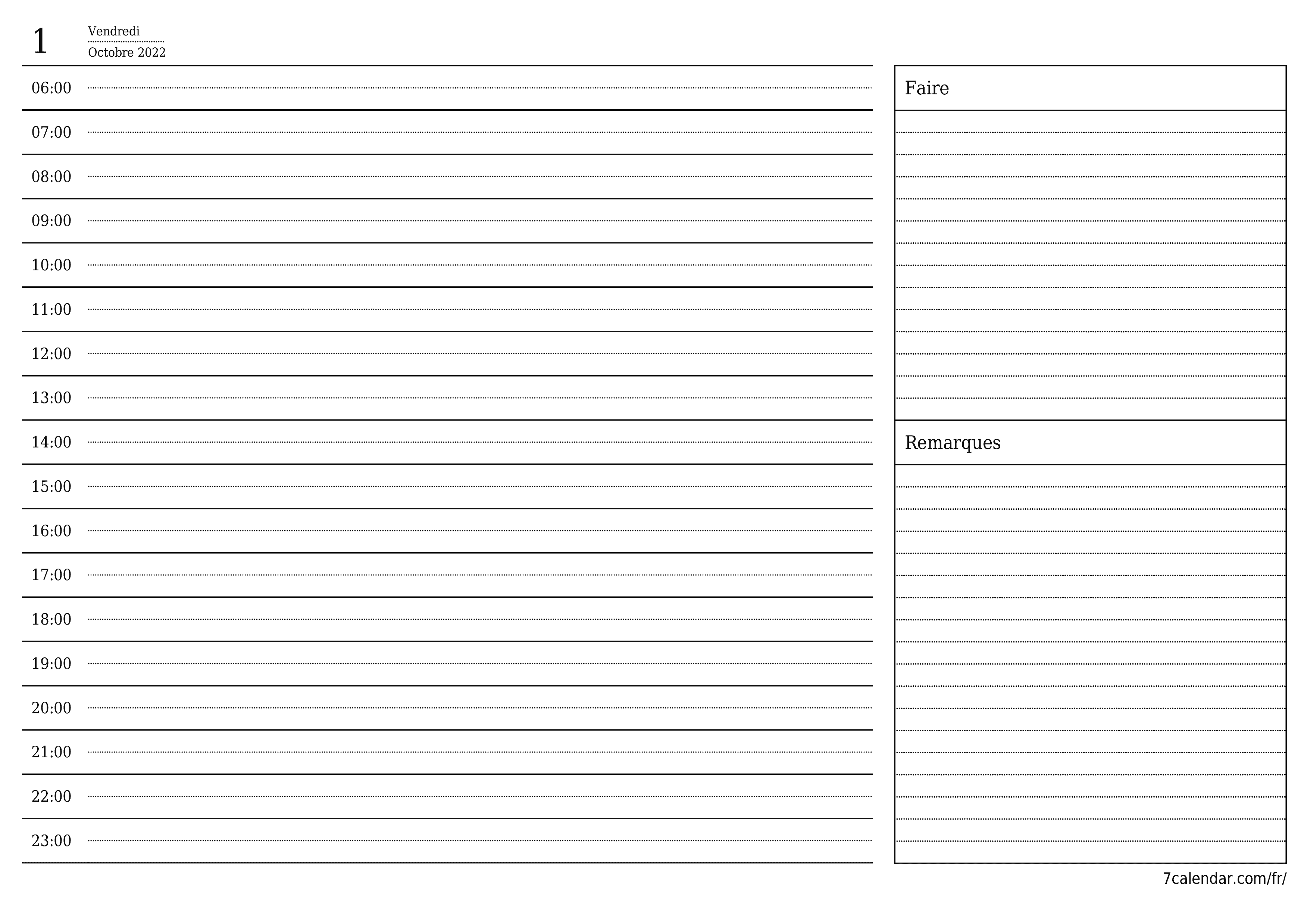 Agenda quotidien vide pour la journée Octobre 2022 avec notes, enregistrez et imprimez au format PDF PNG French